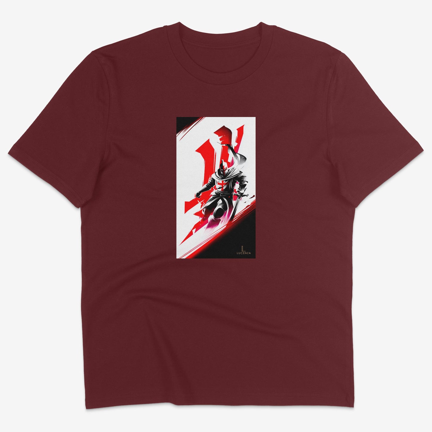 Flatlay of Lucenza Knight t-shirt in burgundy-with artistic graphic