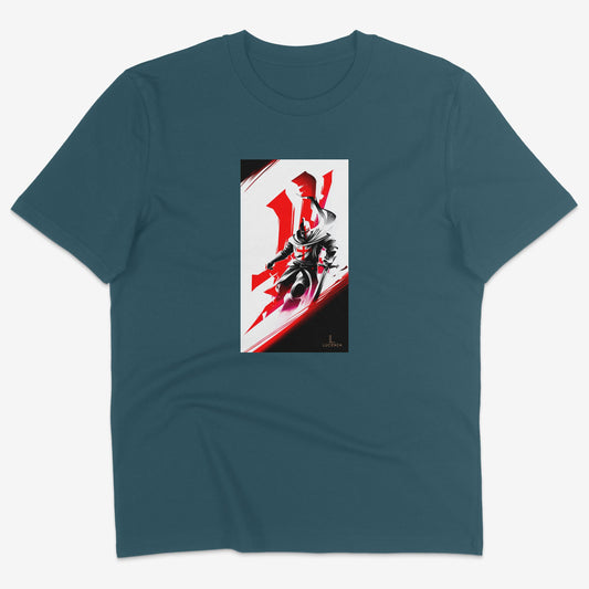 Flatlay of Lucenza Knight t-shirt in teal-with artistic graphic