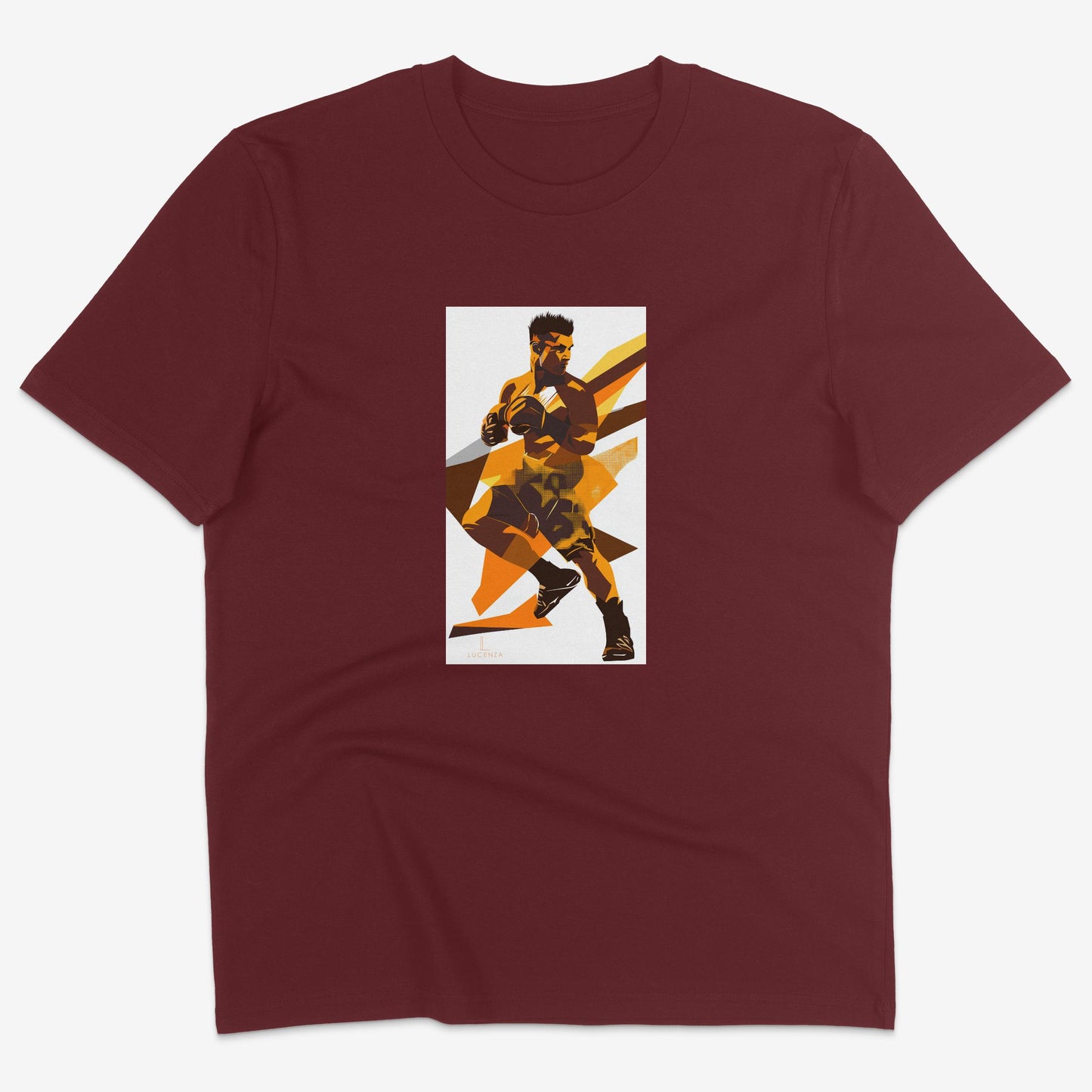 Flatlay of Lucenza mma t-shirt in burgundy-with artistic graphic