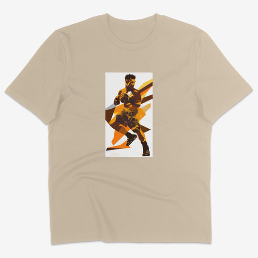 Flatlay of Lucenza mma t-shirt in desert colour-with artistic graphic