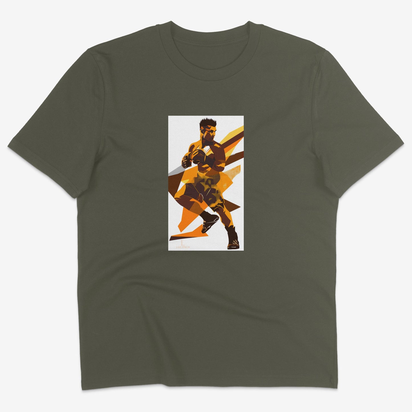 Flatlay of Lucenza mma t-shirt in khaki-with artistic graphic