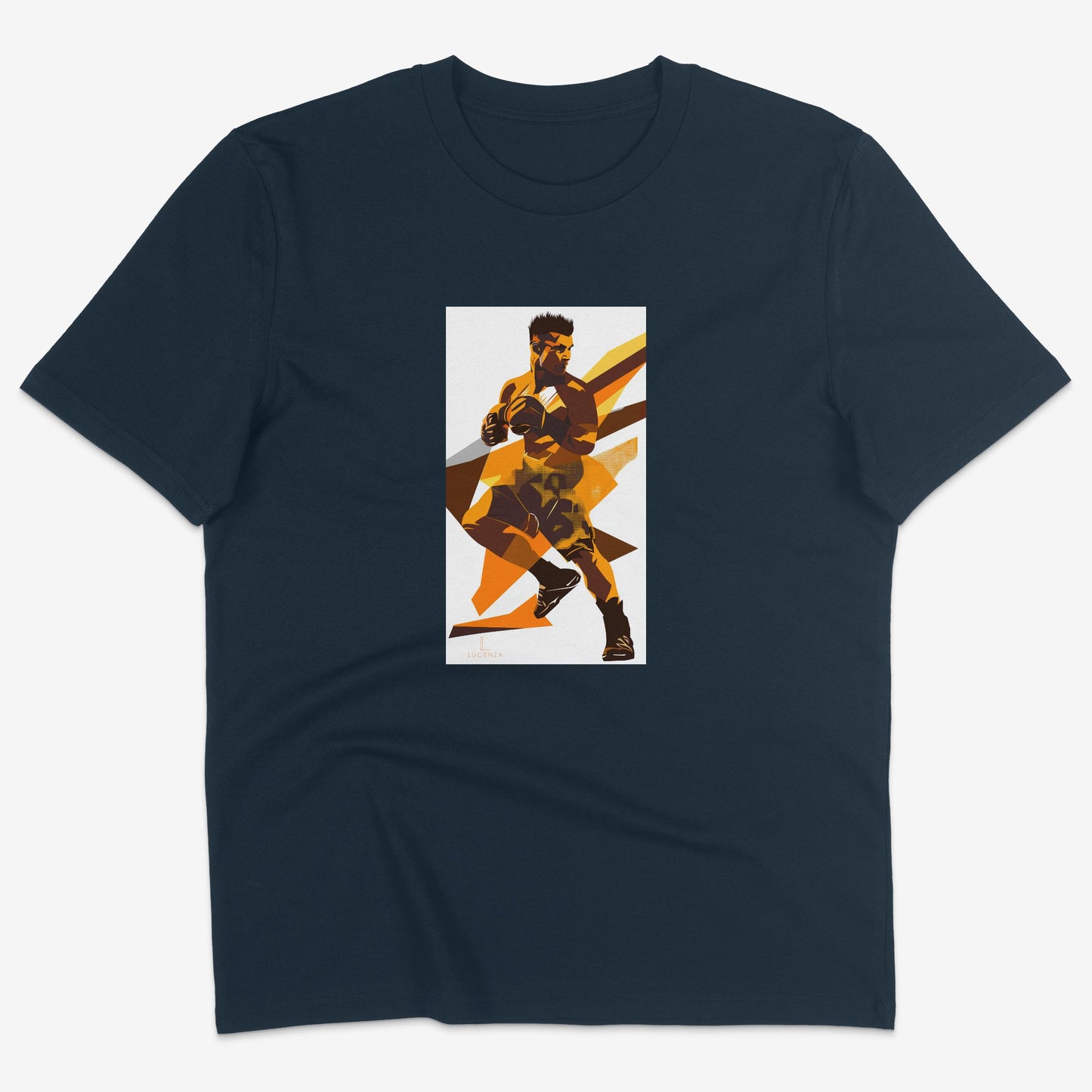 Flatlay of Lucenza mma t-shirt in navy-with artistic graphic