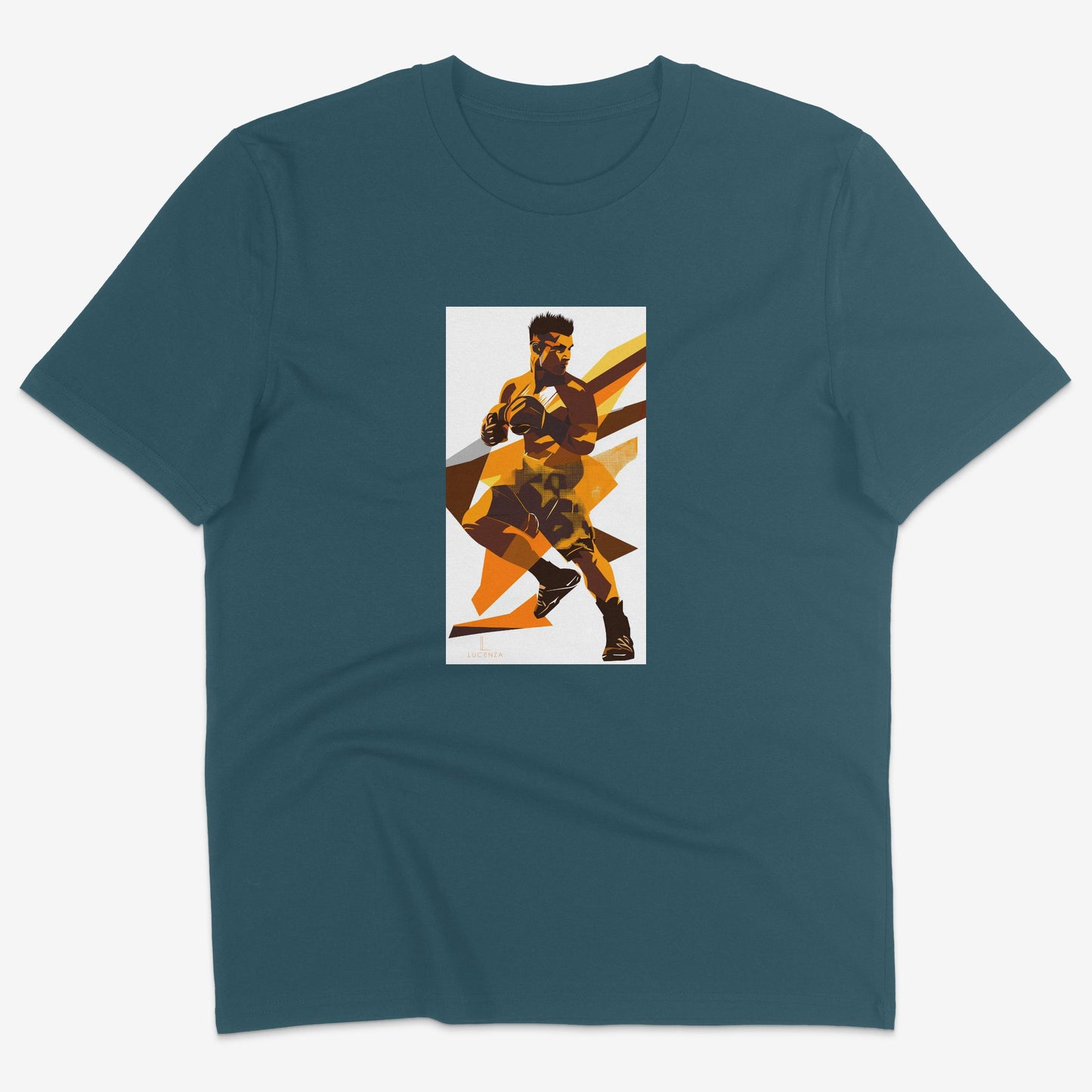 Flatlay of Lucenza mma t-shirt in teal-with artistic graphic