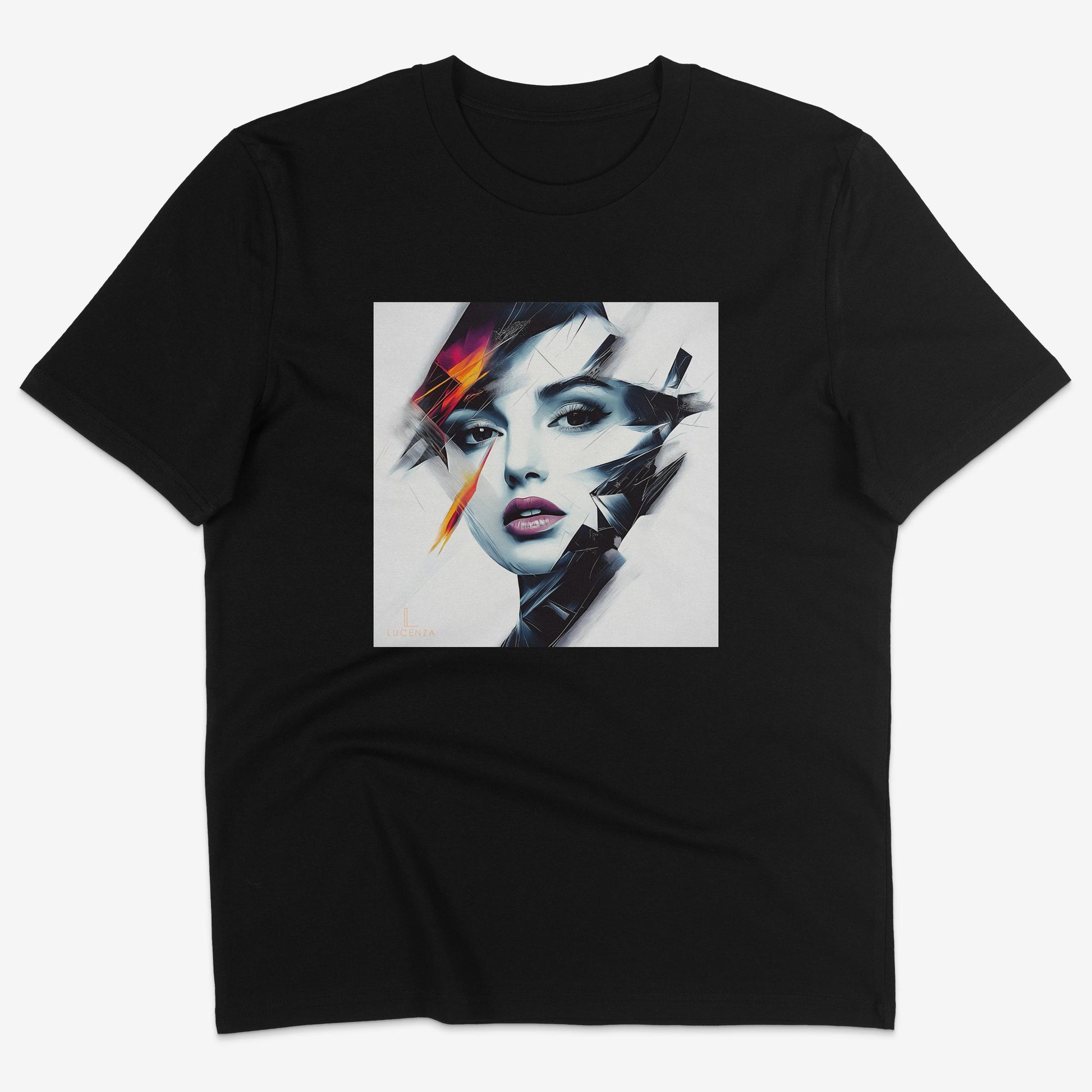 Flatlay of Lucenza Prism 1.0 t-shirt in black—showcasing bold visual contrasts