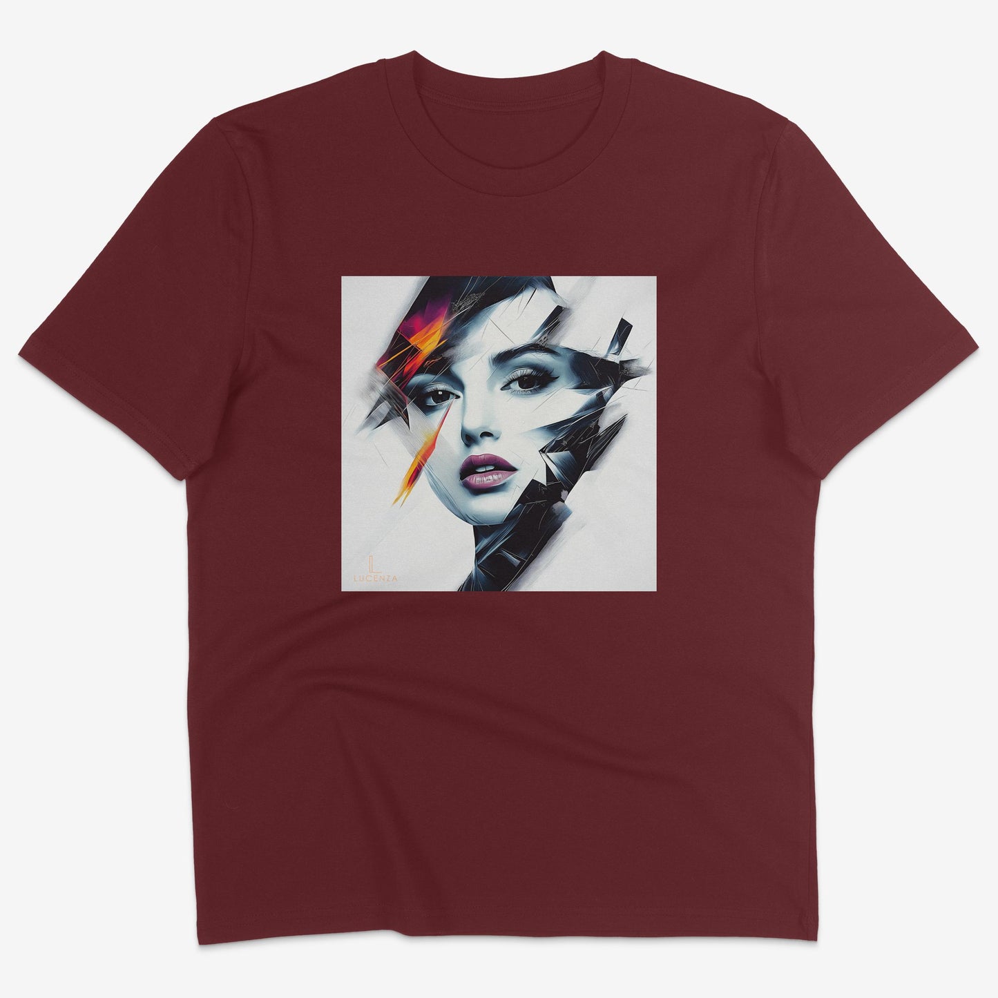 Flatlay of Lucenza Prism 1.0 t-shirt in burgundy—showcasing bold visual contrasts