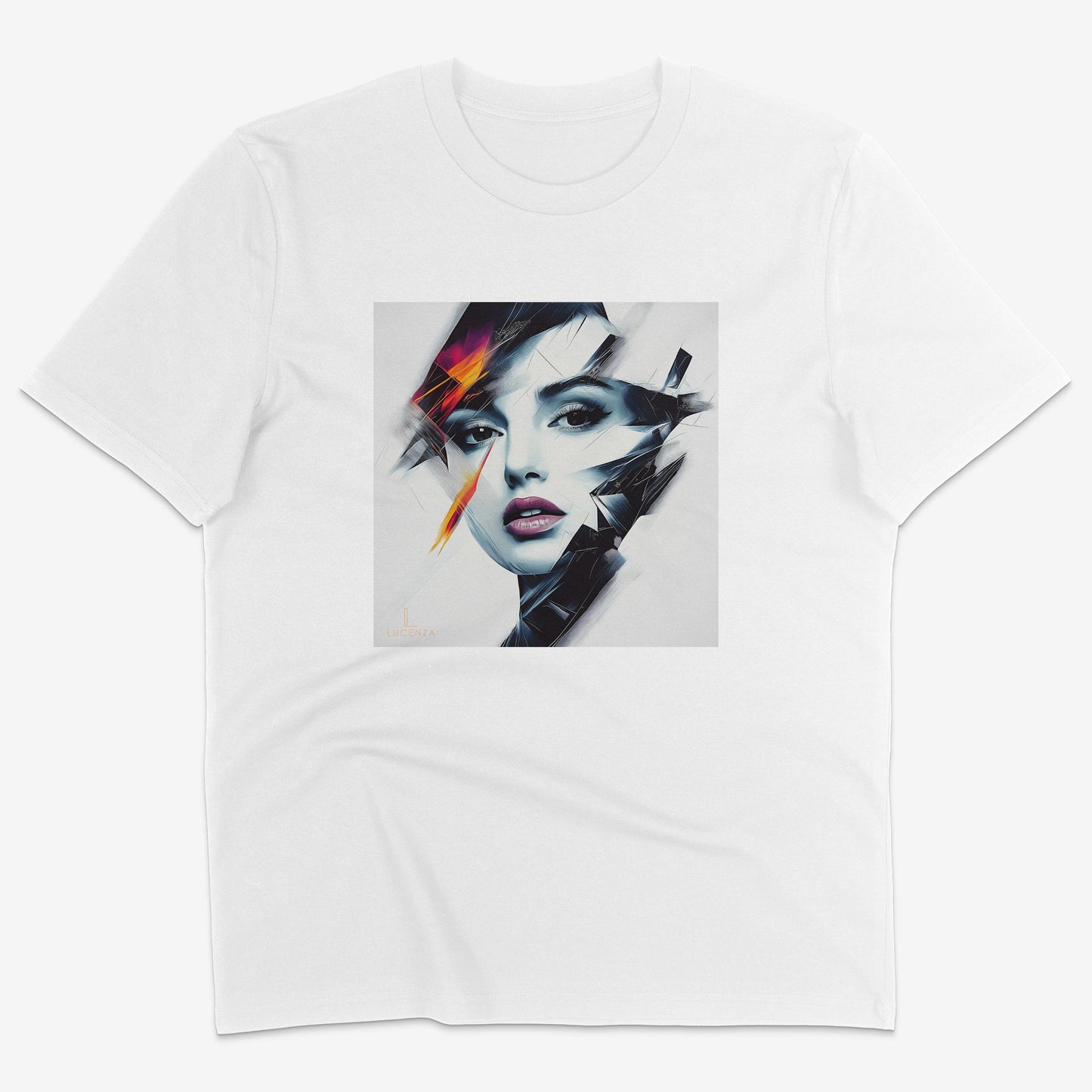 Flatlay of Lucenza Prism 1.0 t-shirt in white—showcasing bold visual contrasts 