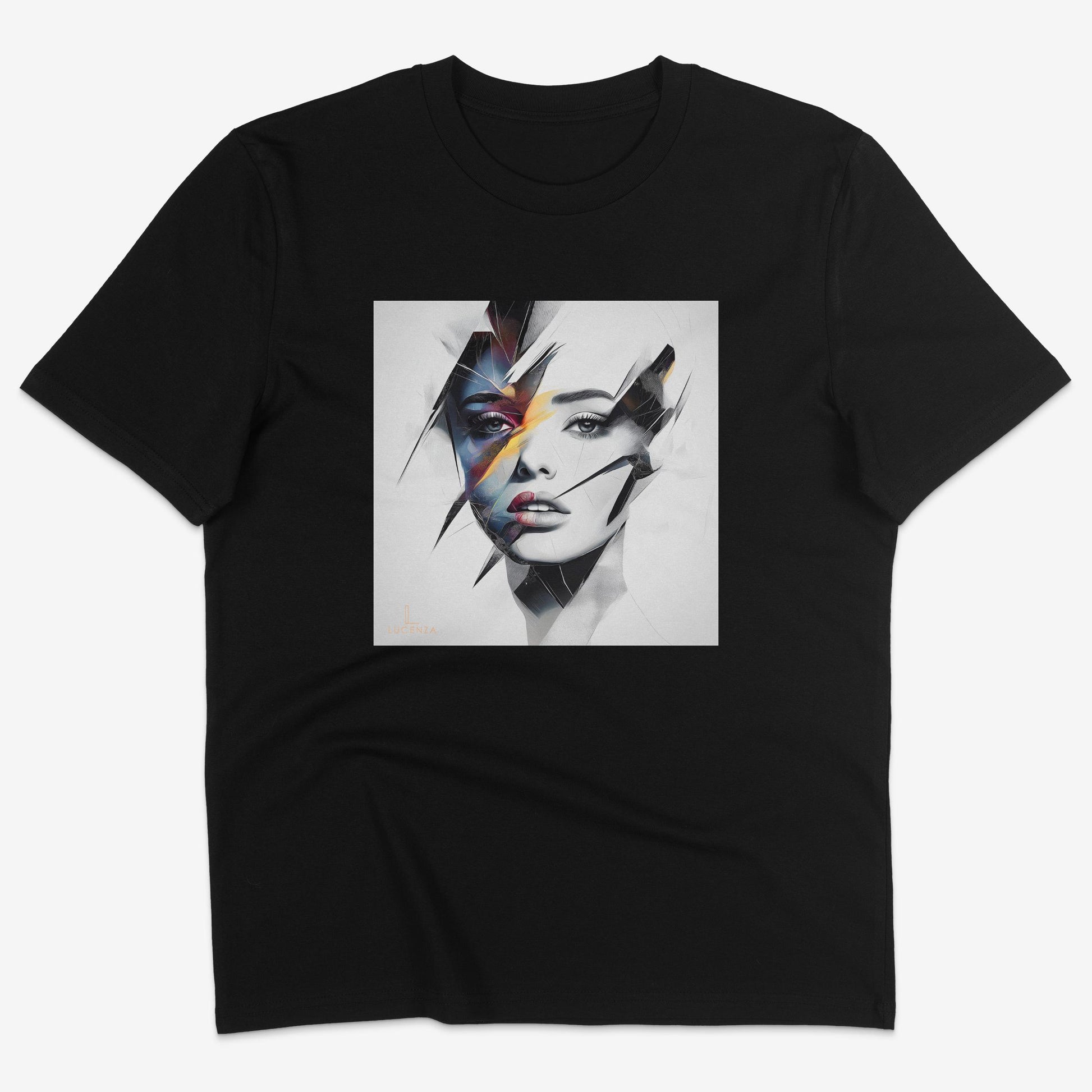 Flatlay of Lucenza Prism 2.0 t-shirt in black—showcasing bold visual contrasts