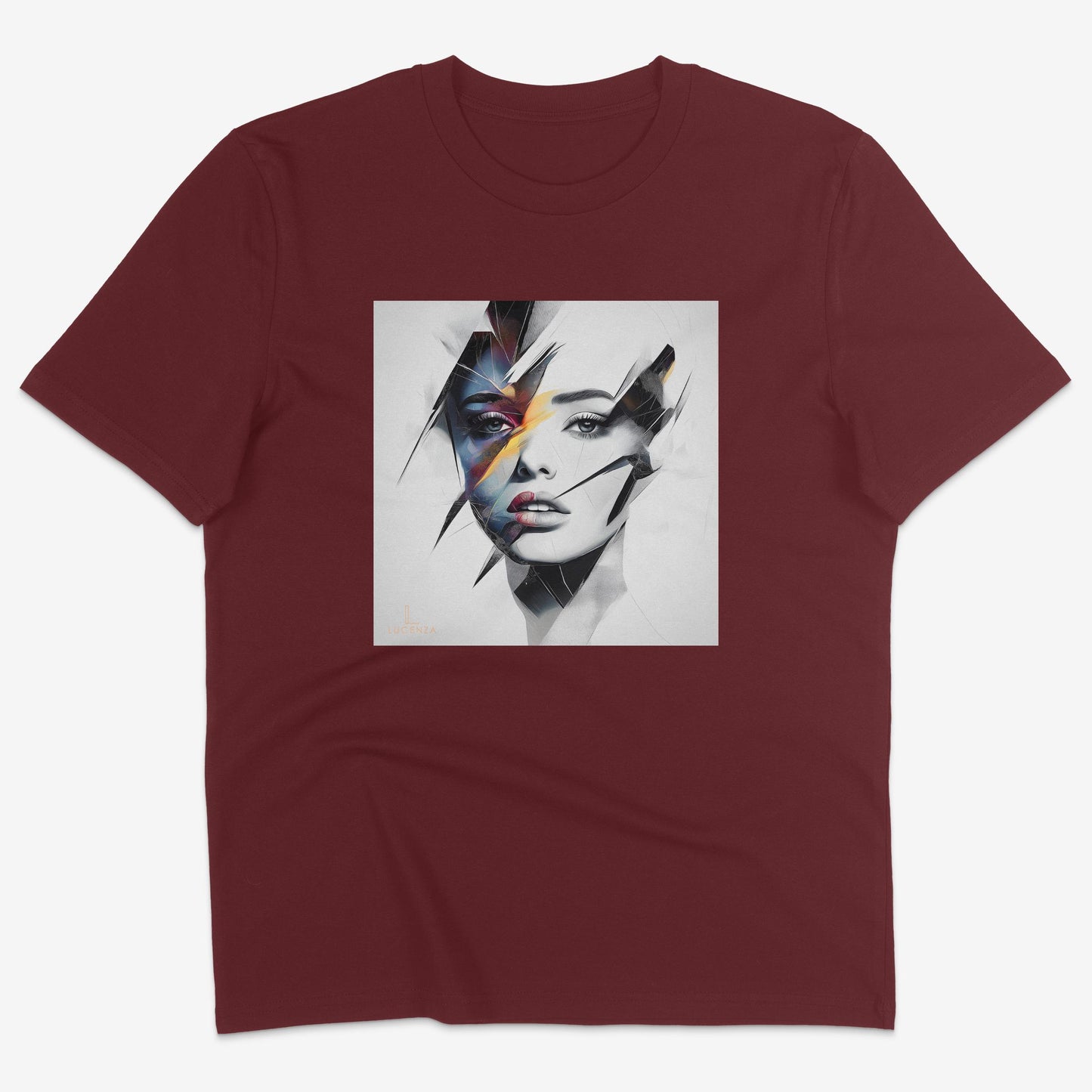 Flatlay of Lucenza Prism 2.0 t-shirt in burgundy—showcasing bold visual contrasts