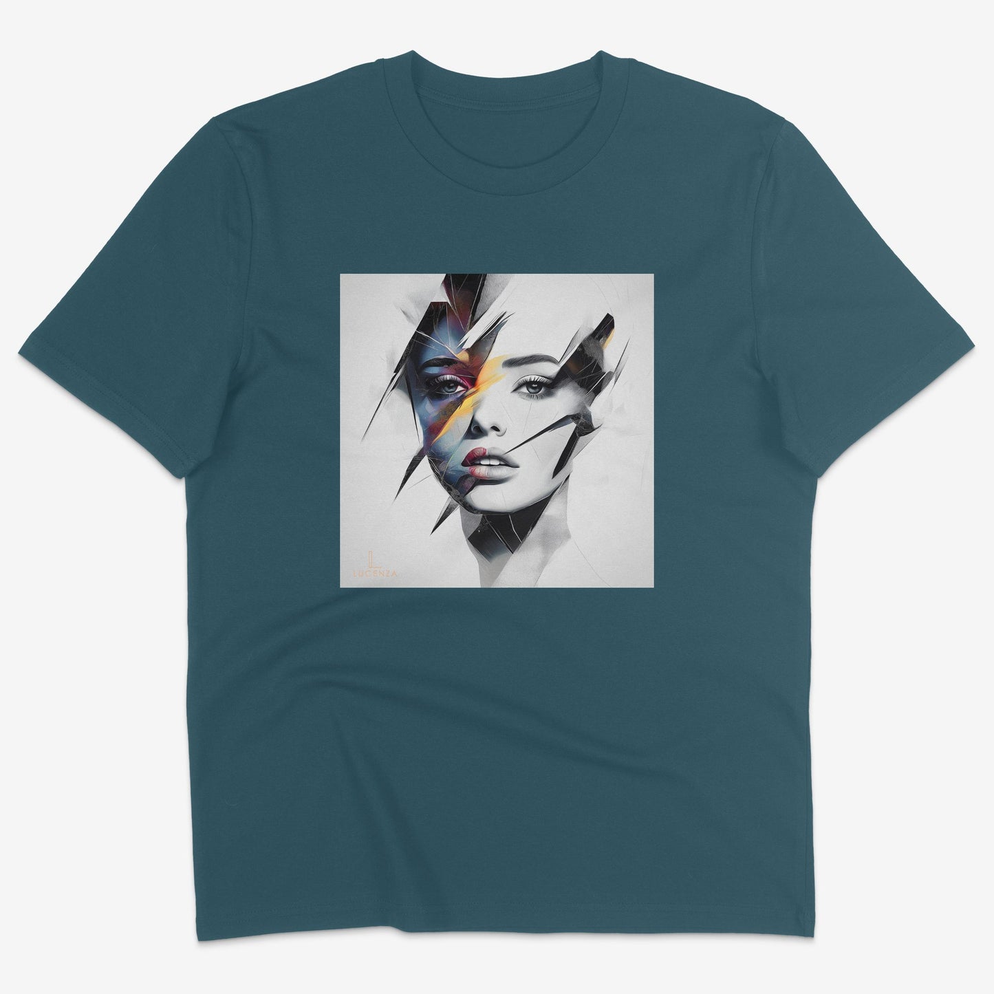 Flatlay of Lucenza Prism 2.0 t-shirt in teal—showcasing bold visual contrasts