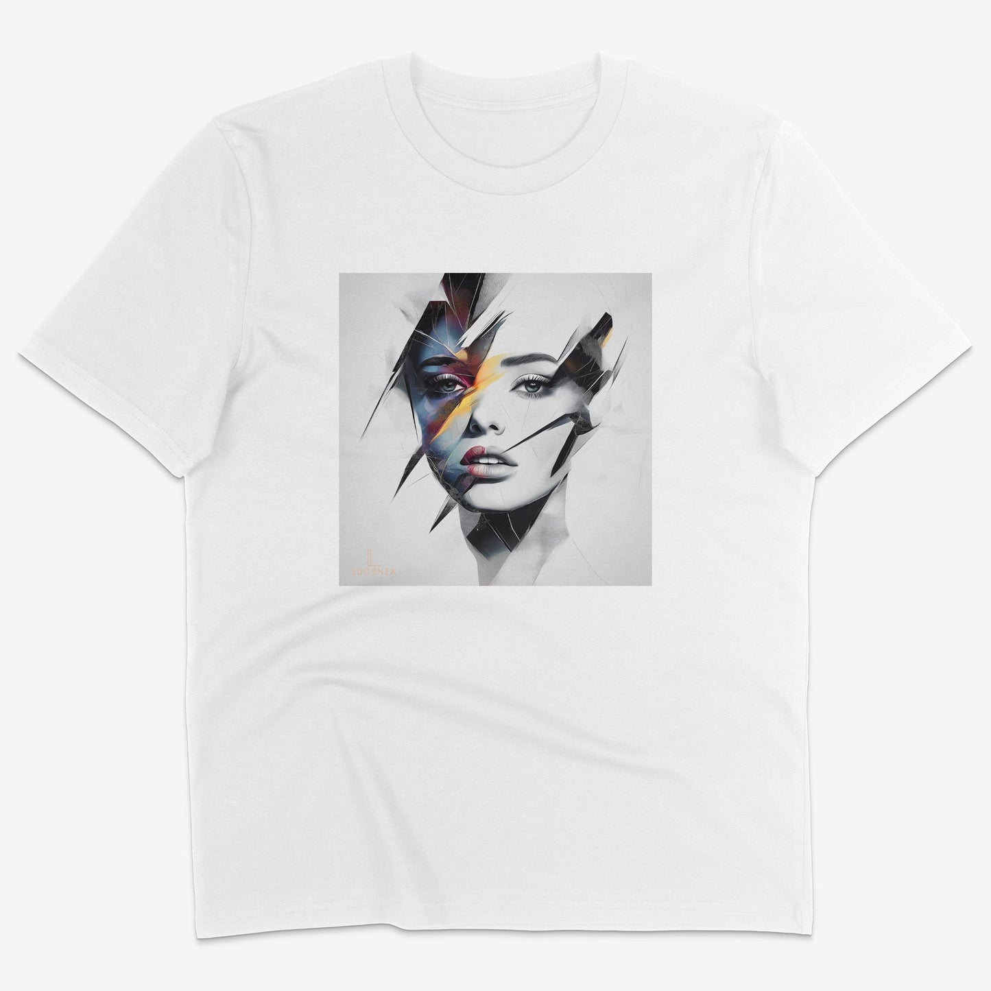 Flatlay of Lucenza Prism 2.0 t-shirt in white—showcasing bold visual contrasts