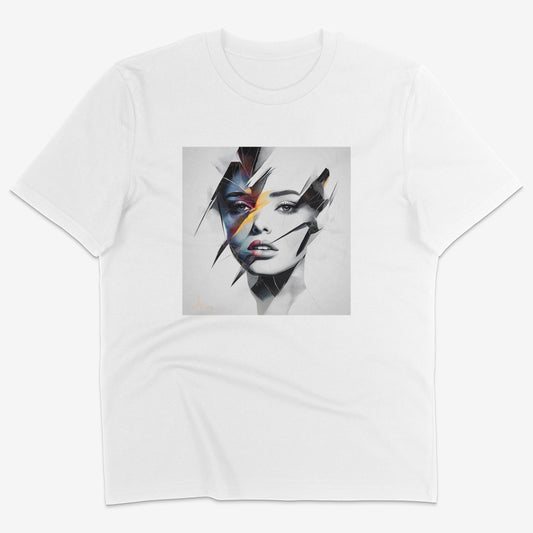 Flatlay of Lucenza Prism 2.0 t-shirt in white—showcasing bold visual contrasts
