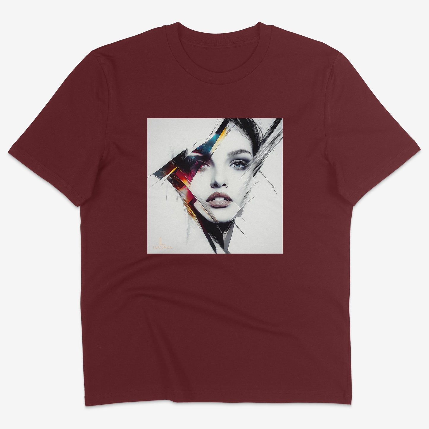 Flatlay of Lucenza Prism 3.0 t-shirt in burgundy—showcasing bold visual contrasts 