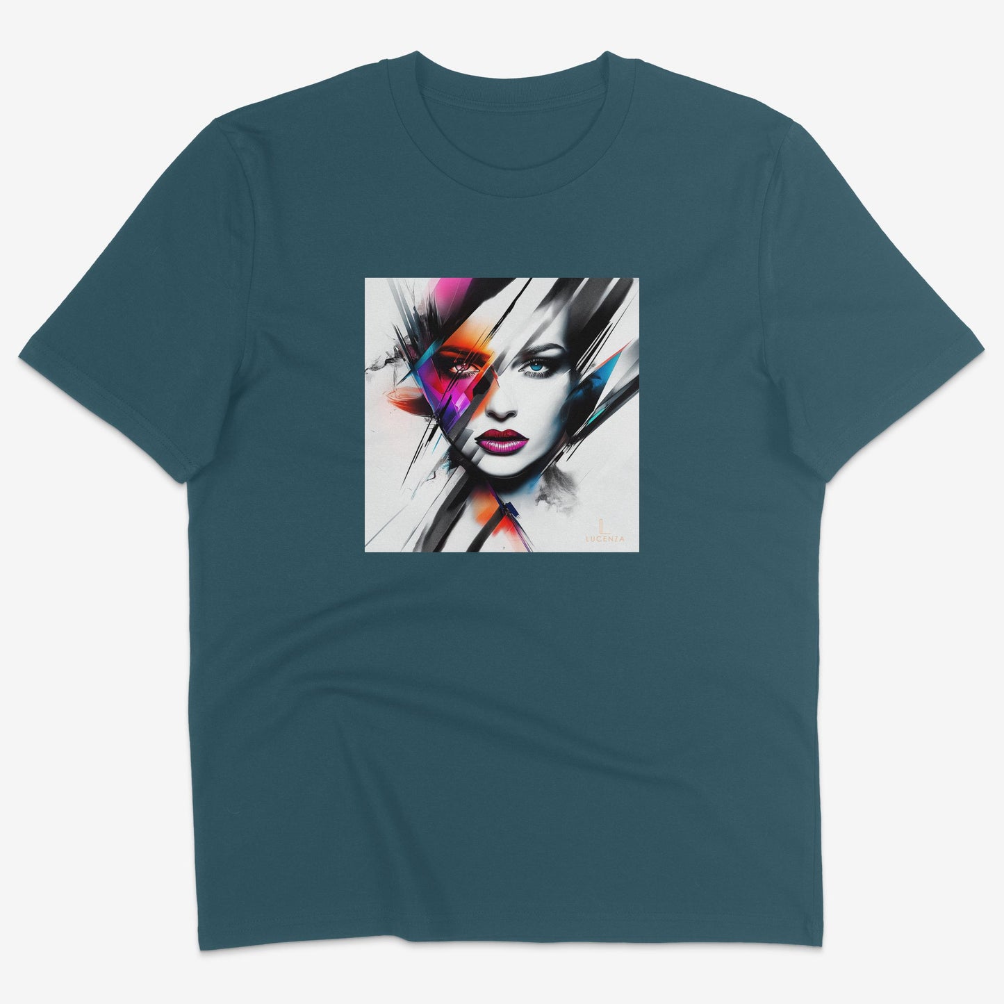 Flatlay of Lucenza Prism 4.0 t-shirt in teal—showcasing bold visual contrasts