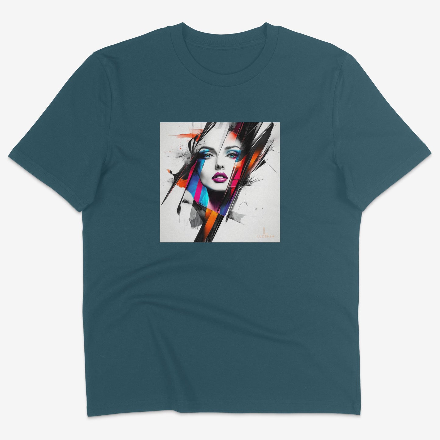 Flatlay of Lucenza Prism 5.0 t-shirt in teal—showcasing bold visual contrasts