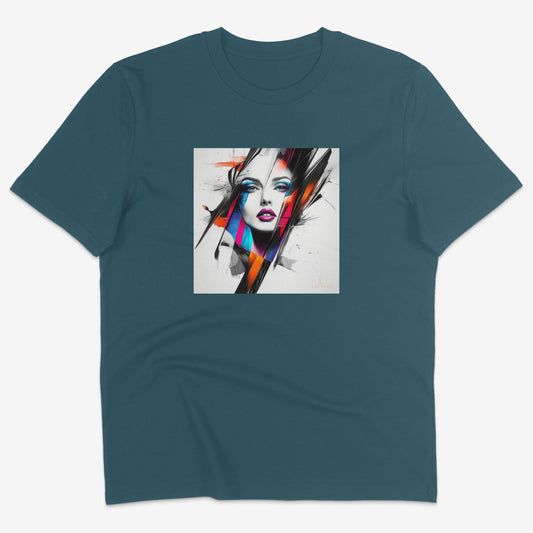Flatlay of Lucenza Prism 5.0 t-shirt in teal—showcasing bold visual contrasts