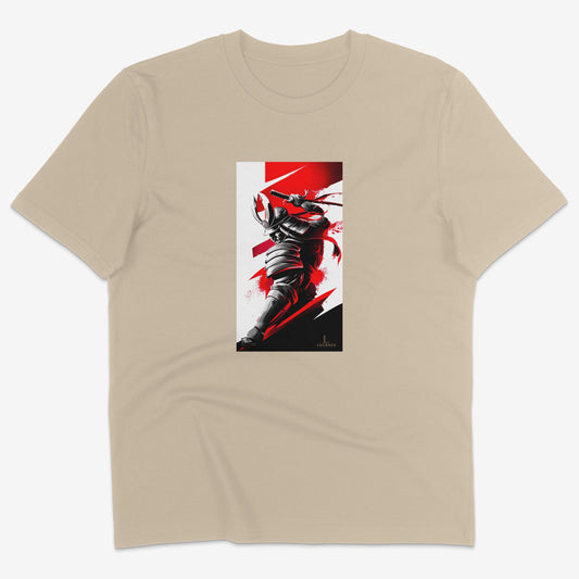 Flatlay of Lucenza Samurai t-shirt in desert colour-with artistic design