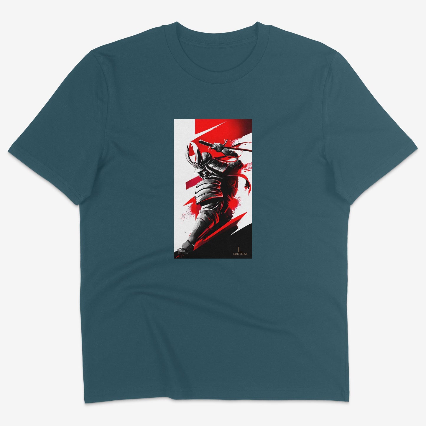 Flatlay of Lucenza Samurai t-shirt in teal colour-with artistic design