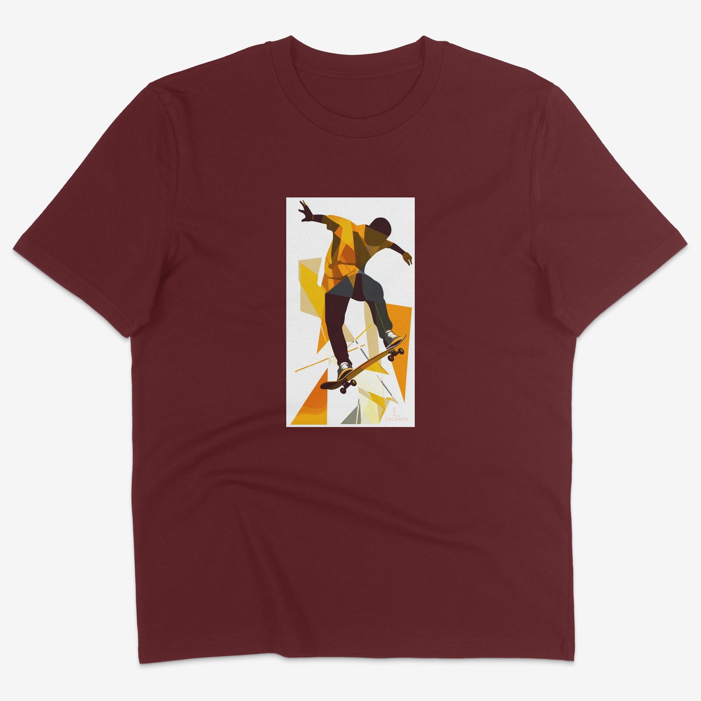 Flatlay of Lucenza skateboarding t-shirt in burgundy-with artistic graphic