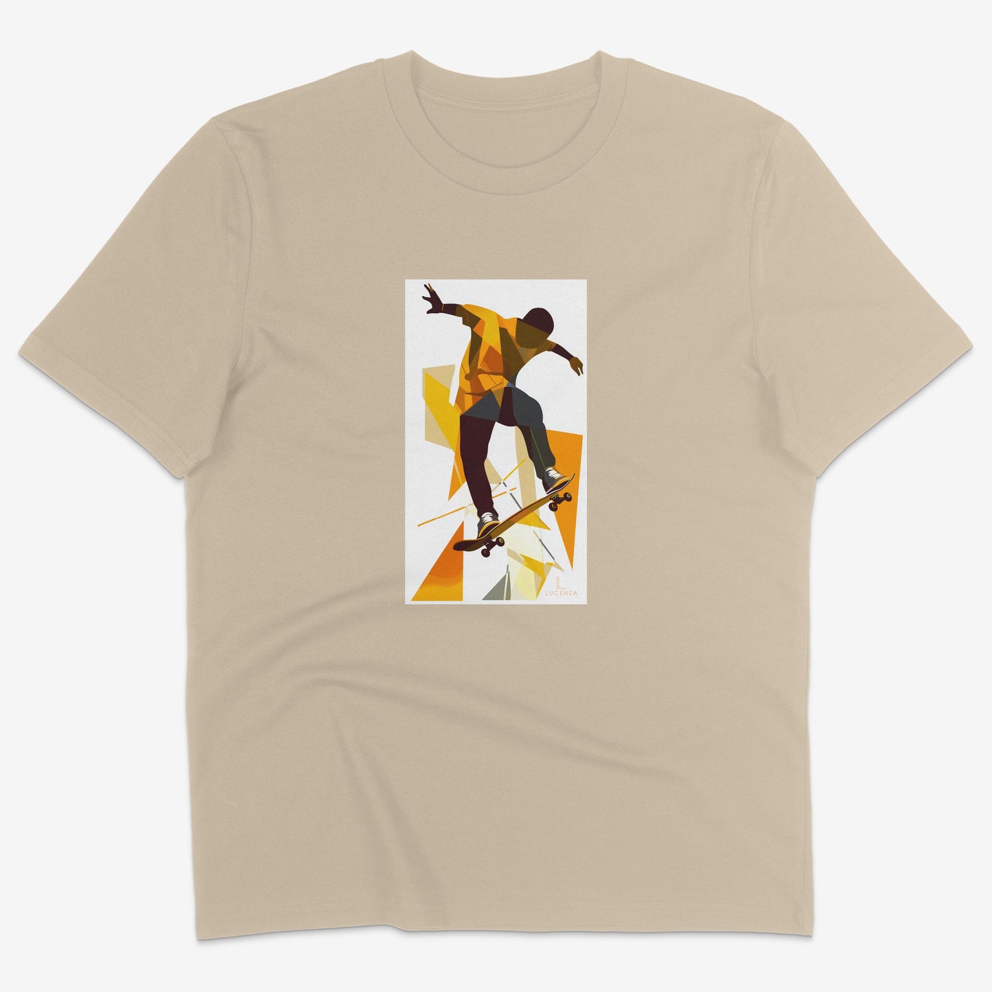 Flatlay of Lucenza skateboarding t-shirt in desert-colour-with artistic graphic