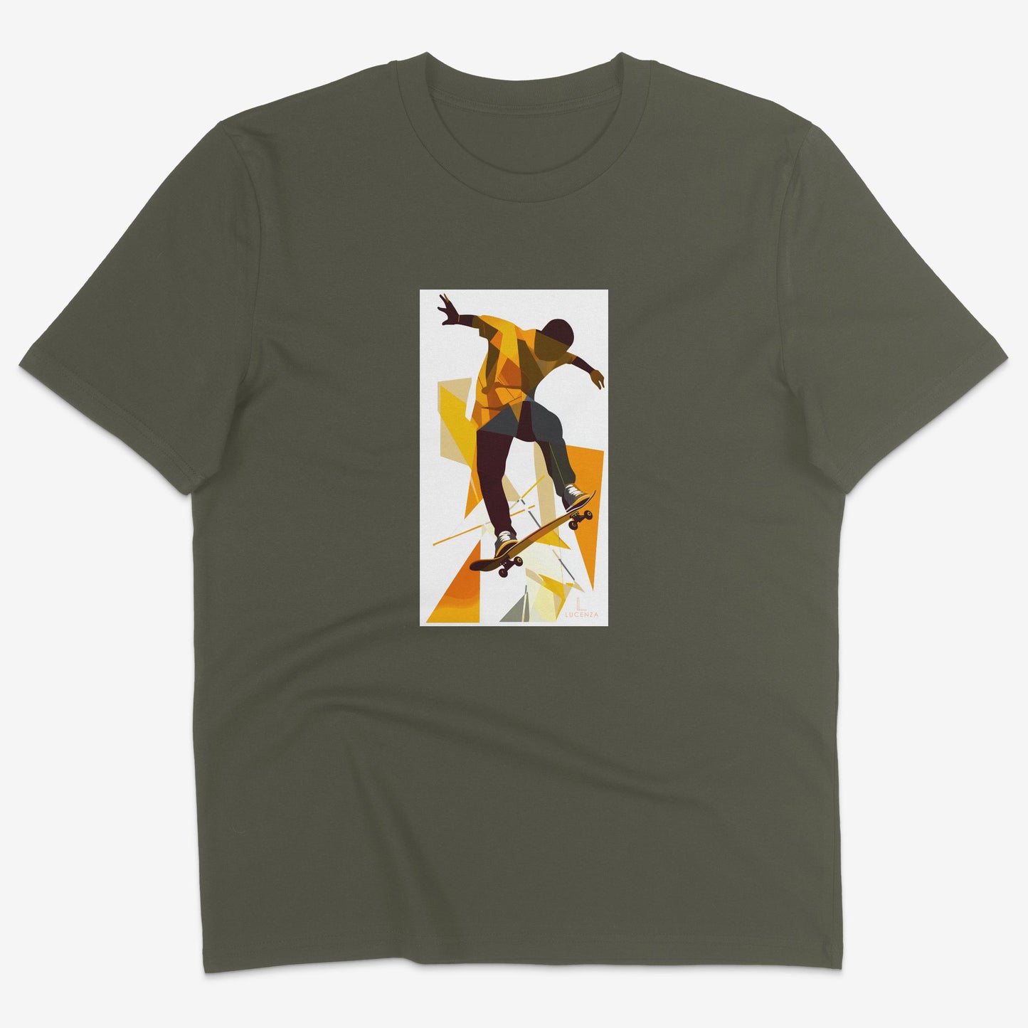 Flatlay of Lucenza skateboarding t-shirt in khaki-with artistic graphic