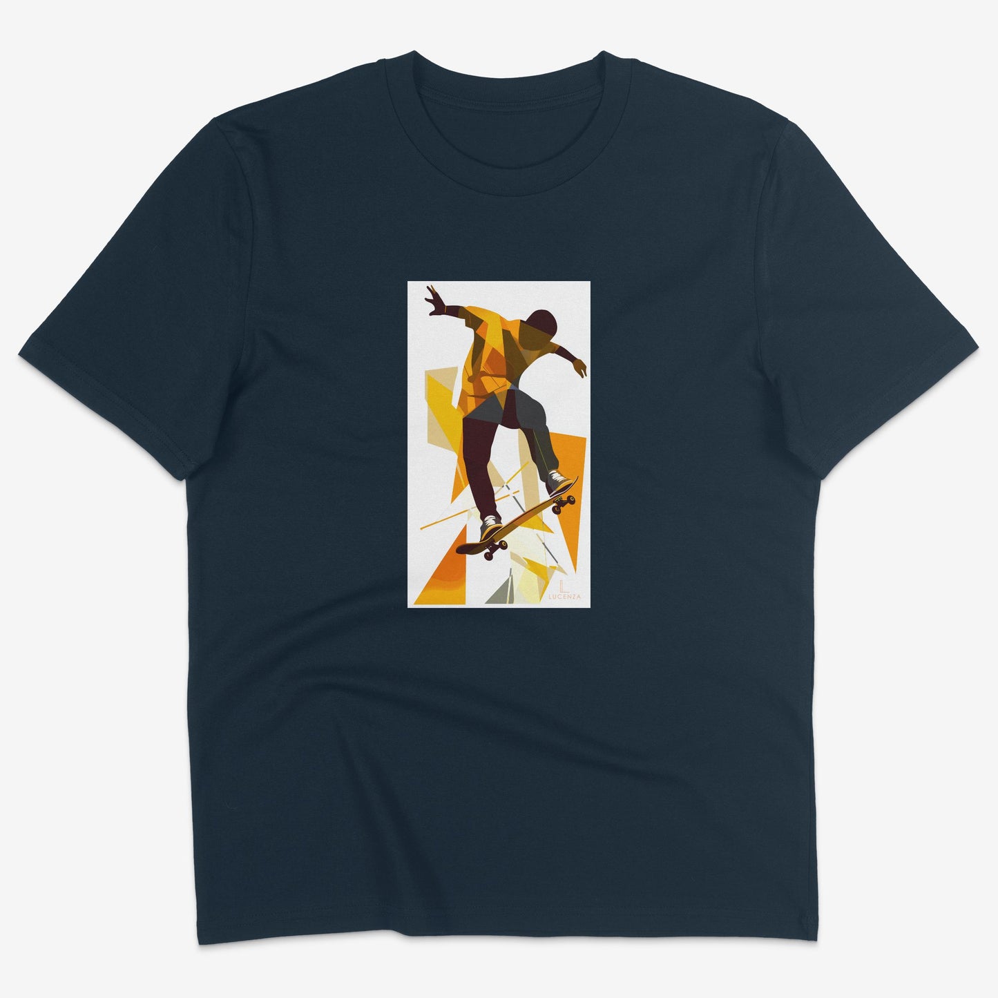 Flatlay of Lucenza skateboarding t-shirt in navy-with artistic graphic