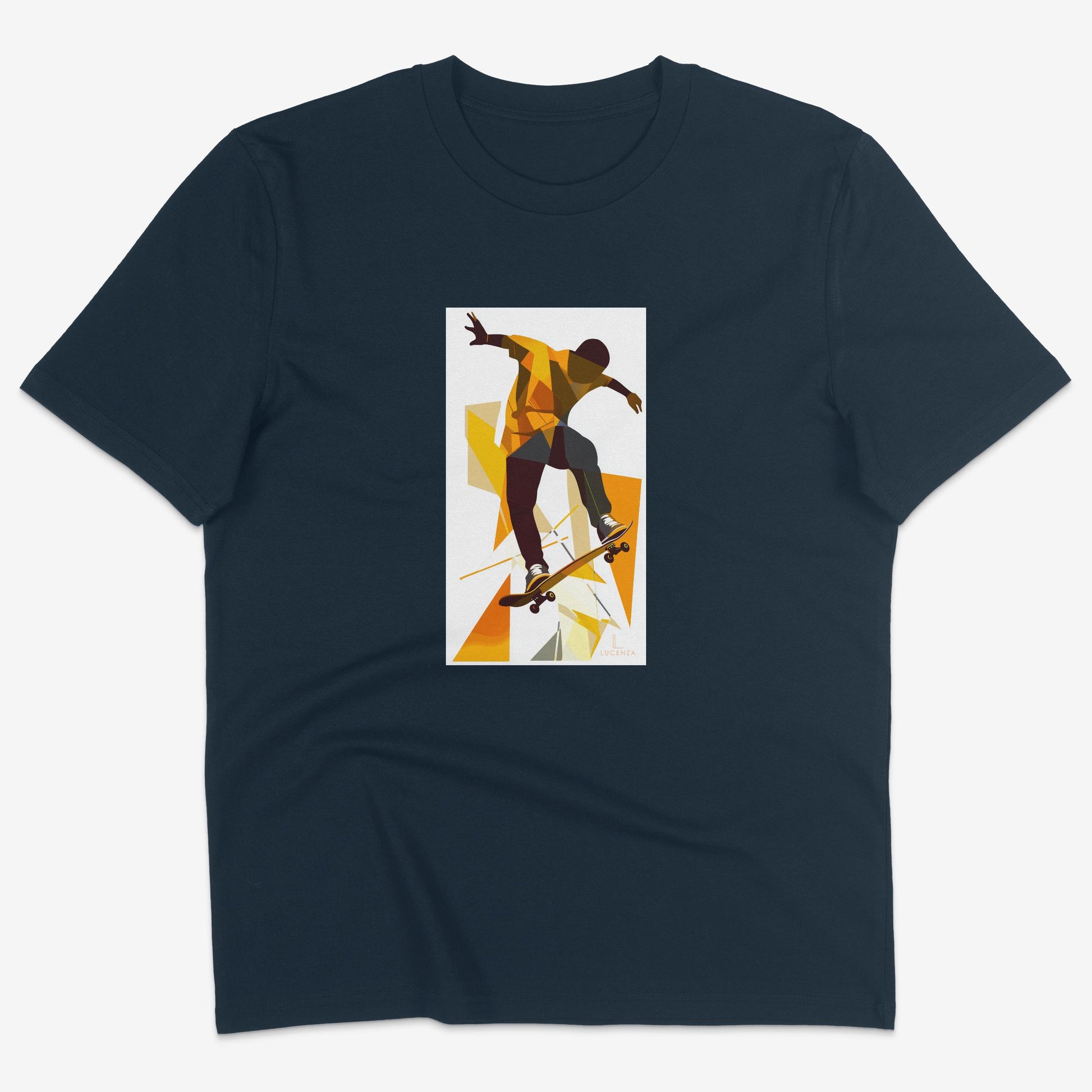 Flatlay of Lucenza skateboarding t-shirt in navy-with artistic graphic