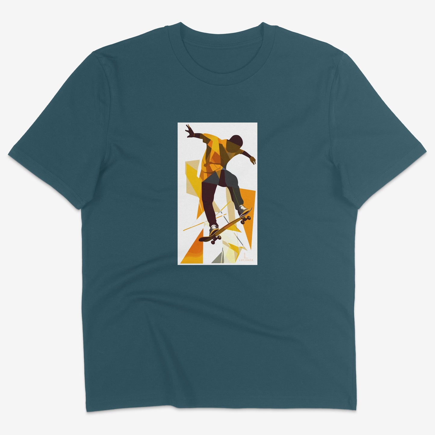 Flatlay of Lucenza skateboarding t-shirt in teal-with artistic graphic
