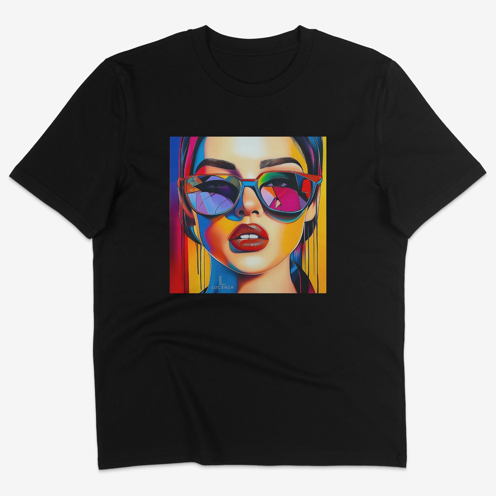 Flatlay of Lucenza Spark 1.0 t-shirt in black—bold iconic graphics