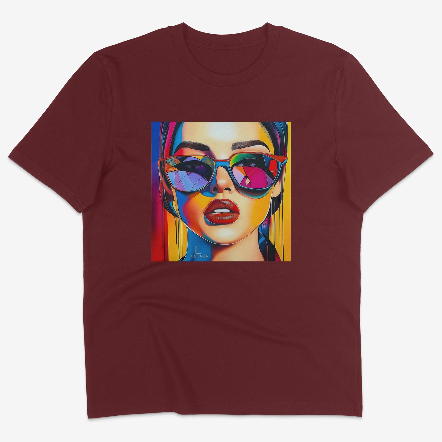 Flatlay of Lucenza Spark 1.0 t-shirt in burgundy—bold iconic graphics