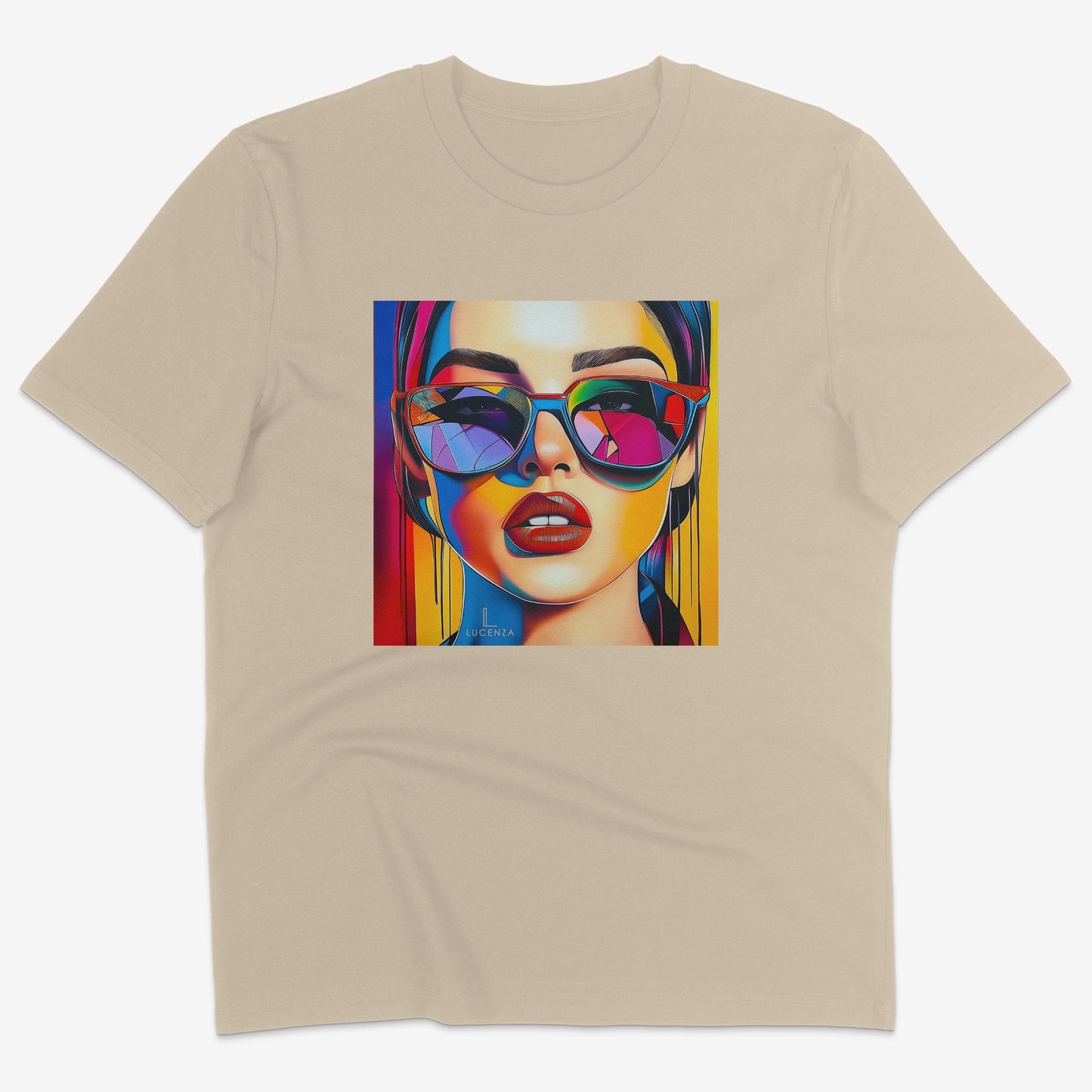 Flatlay of Lucenza Spark 1.0 t-shirt in desert—bold iconic graphics