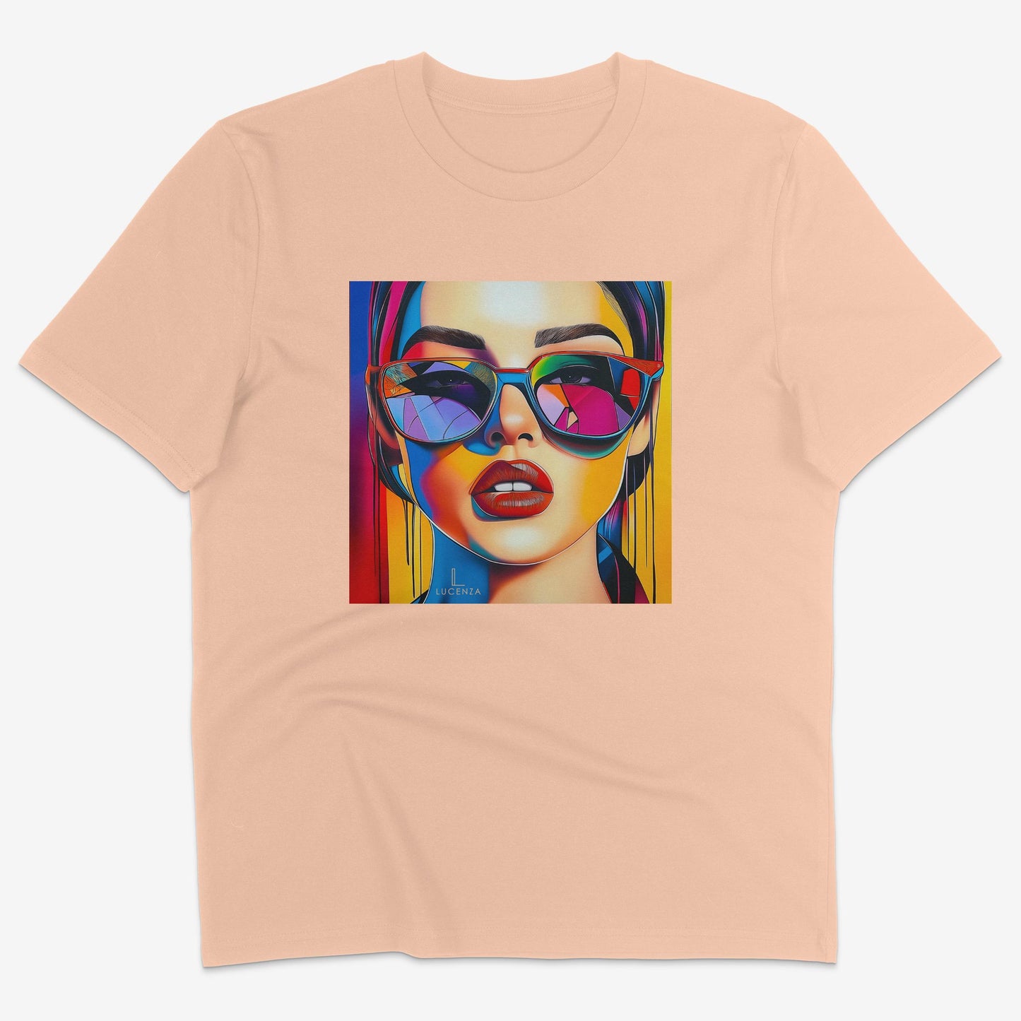 Flatlay of Lucenza Spark 1.0 t-shirt in Fraiche_Peche—bold iconic graphics