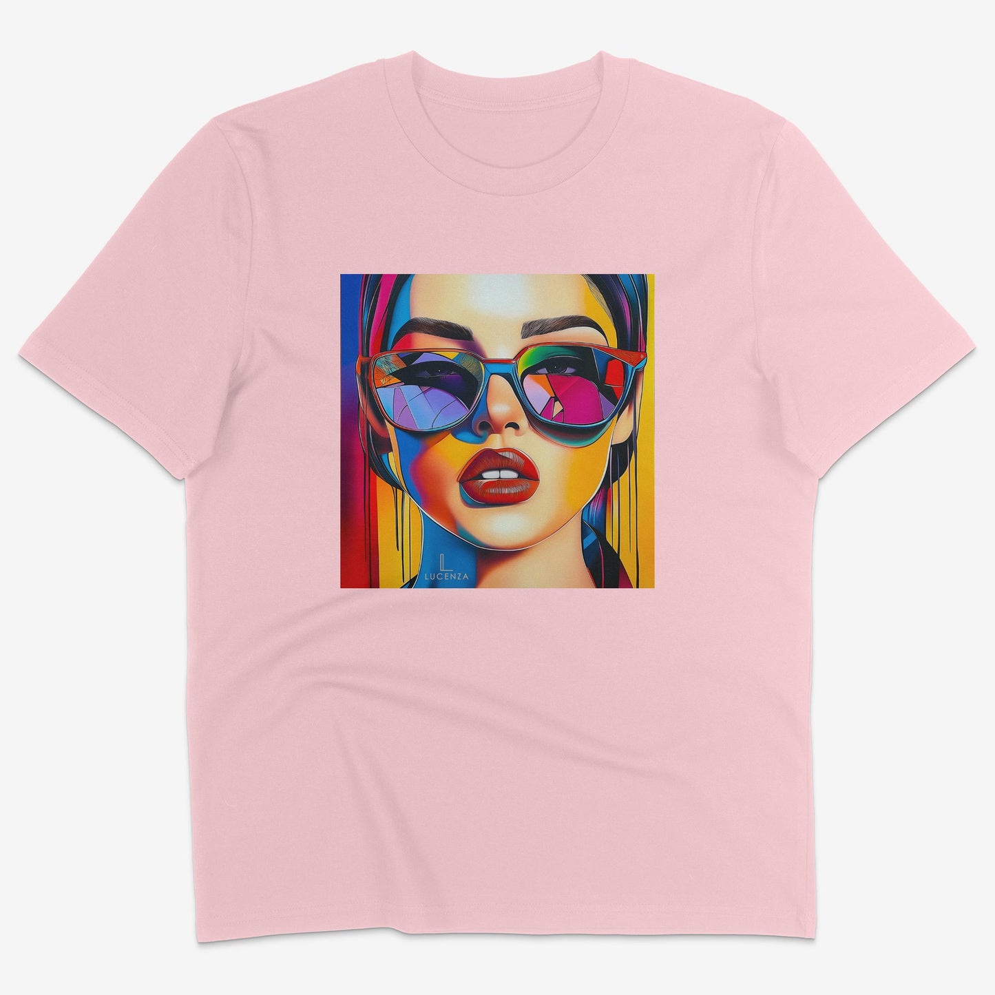 Flatlay of Lucenza Spark 1.0 t-shirt in pink—bold iconic graphics