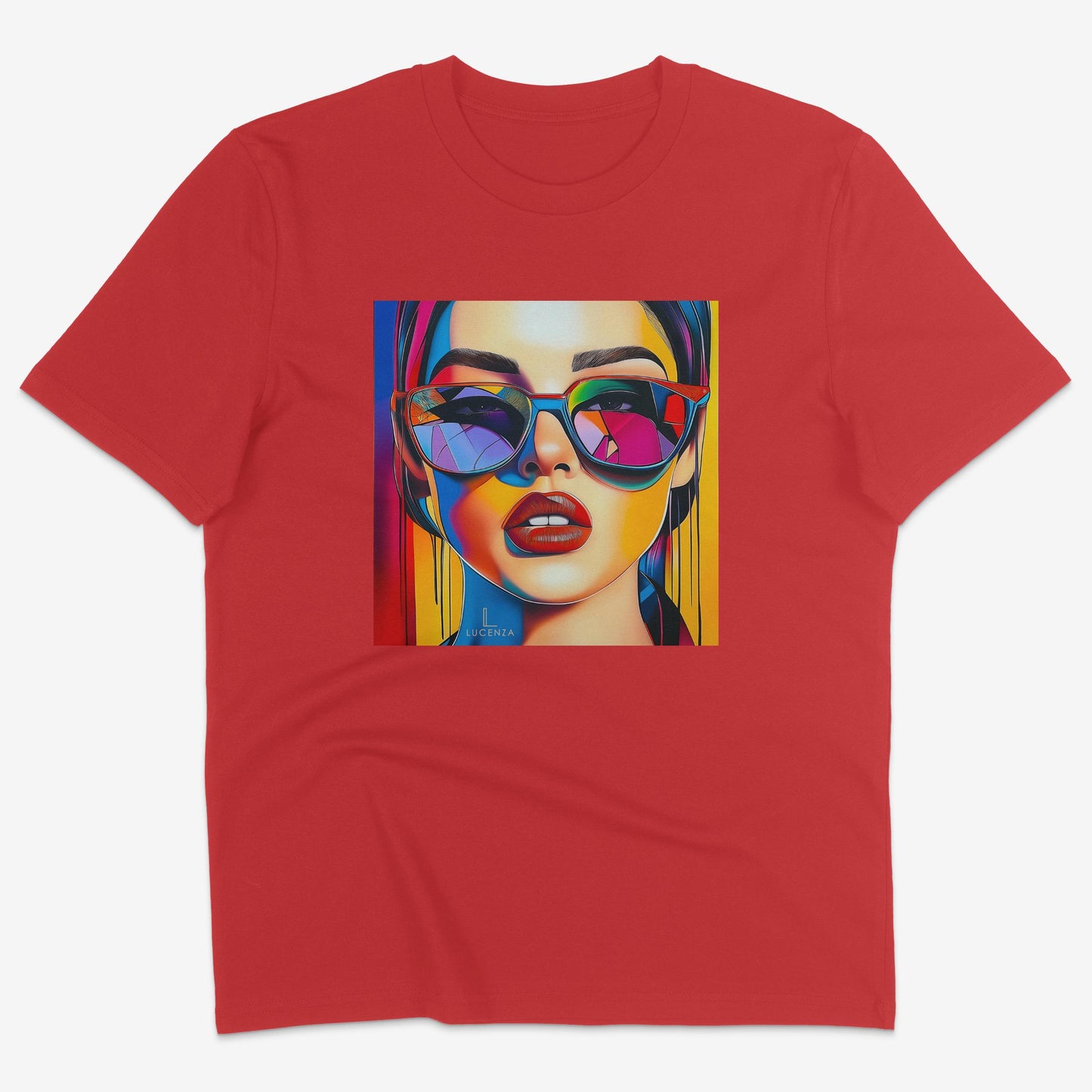 Flatlay of Lucenza Spark 1.0 t-shirt in red—bold iconic graphics
