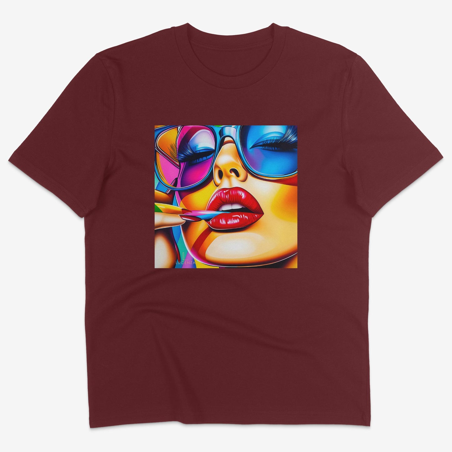 Flatlay of Lucenza Spark 2.0 t-shirt in burgundy—bold iconic graphics
