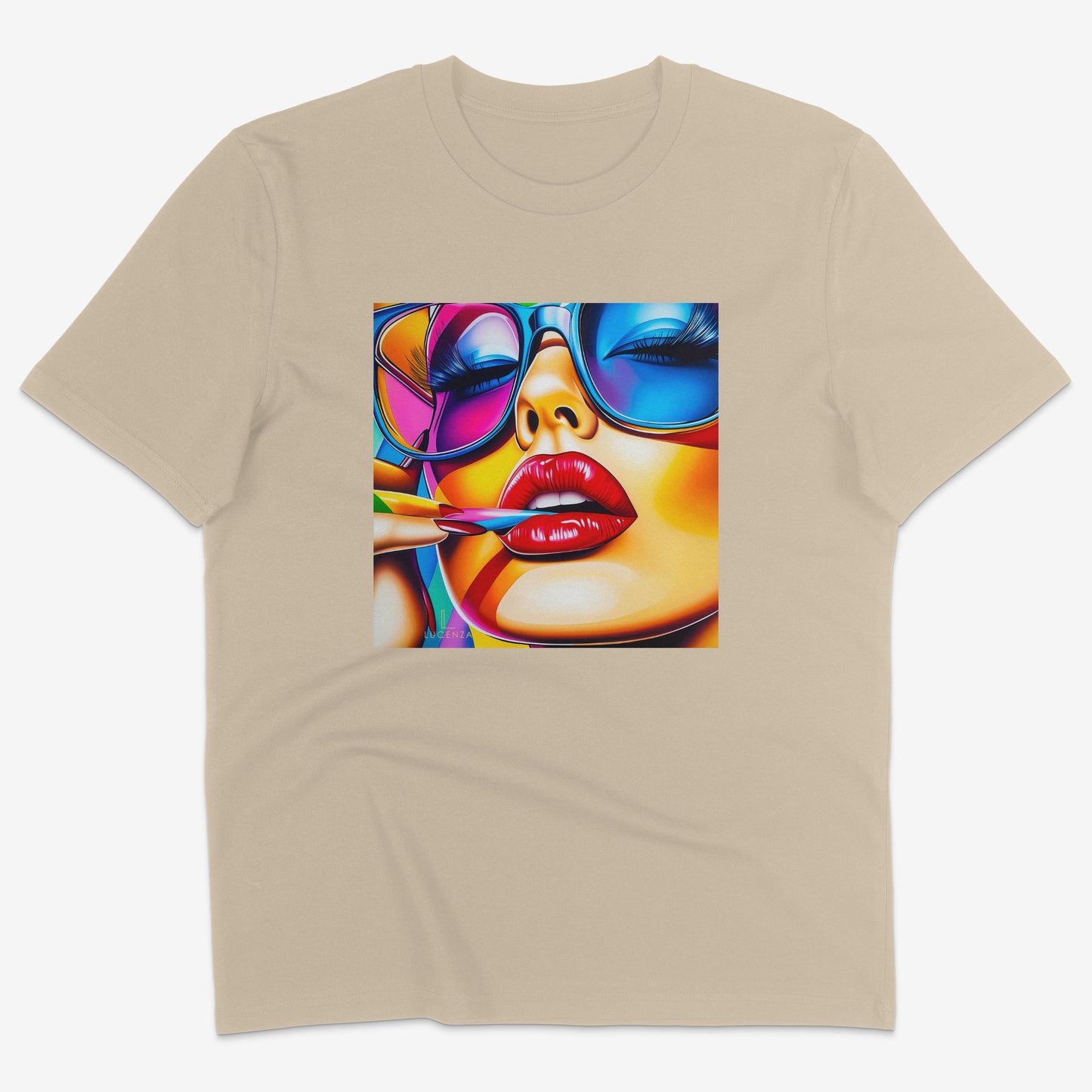 Flatlay of Lucenza Spark 2.0 t-shirt in desert—bold iconic graphics