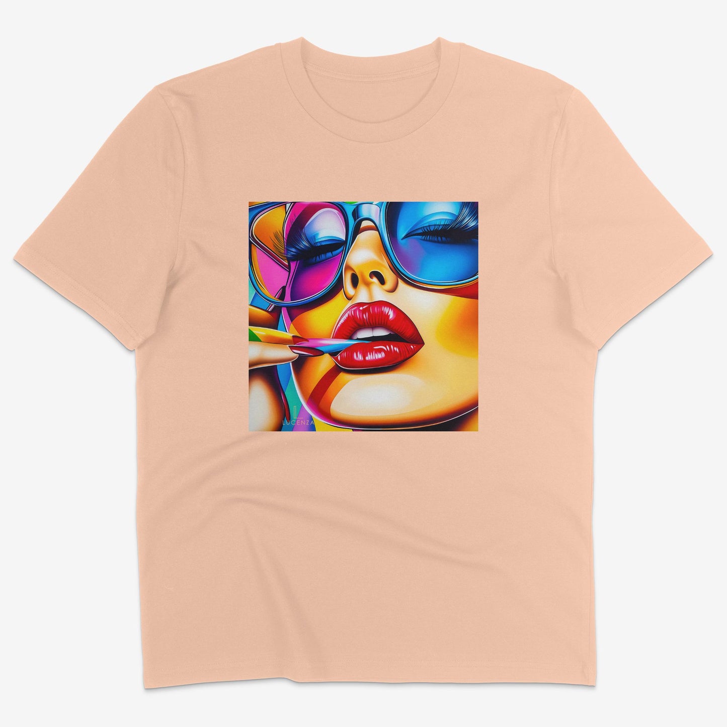 Flatlay of Lucenza Spark 2.0 t-shirt in fraiche_peche—bold iconic graphics