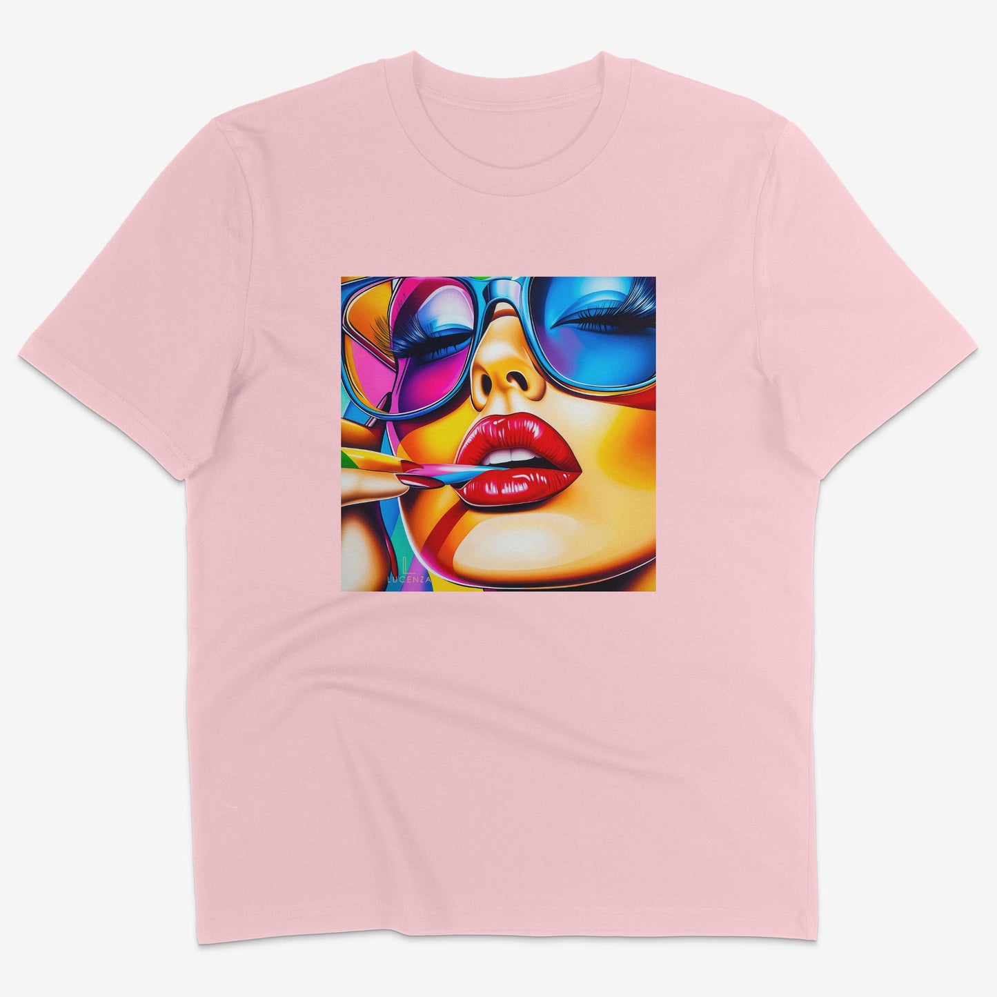 Flatlay of Lucenza Spark 2.0 t-shirt in pink—bold iconic graphics