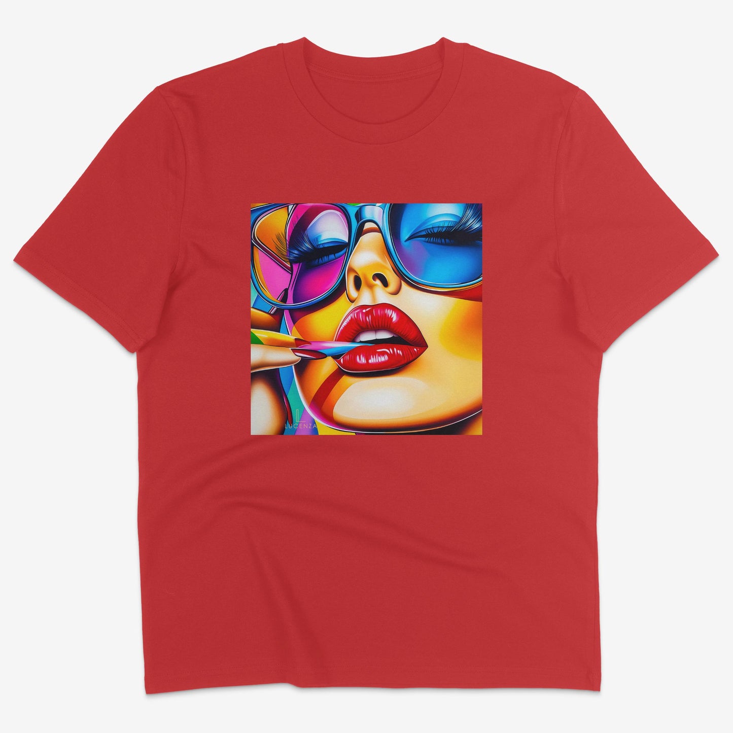 Flatlay of Lucenza Spark 2.0 t-shirt in red—bold iconic graphics