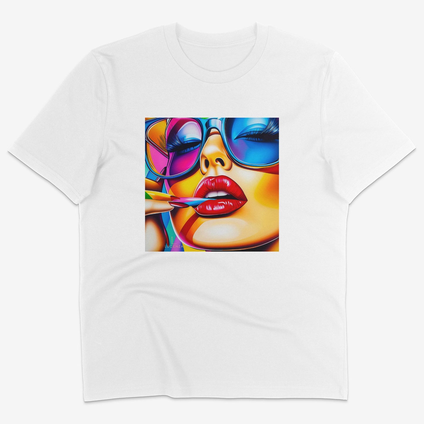 Flatlay of Lucenza Spark 2.0 t-shirt in white—bold iconic graphics