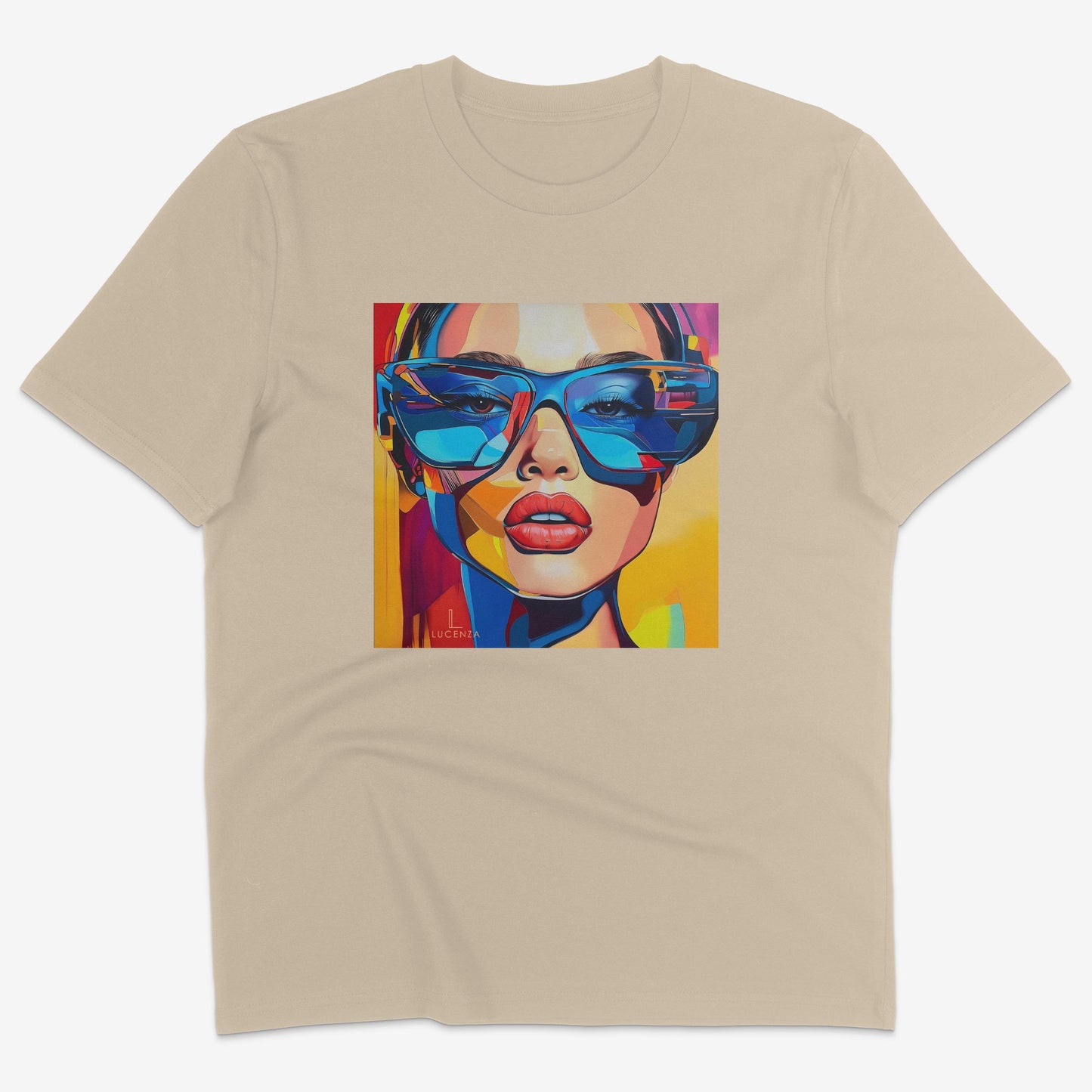 Flatlay of Lucenza Spark 3.0 t-shirt in desert—bold iconic graphics