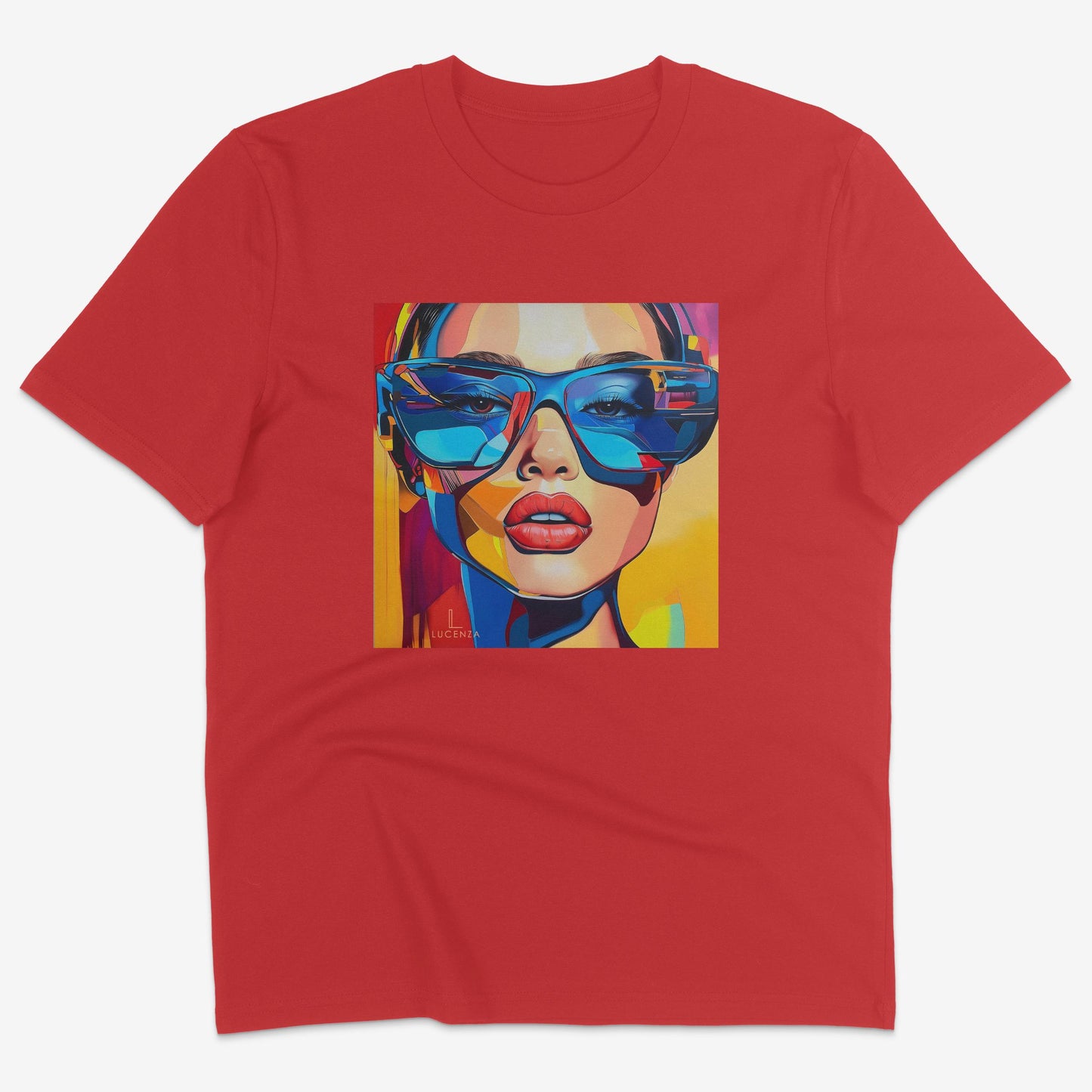 Flatlay of Lucenza Spark 3.0 t-shirt in red—bold iconic graphics