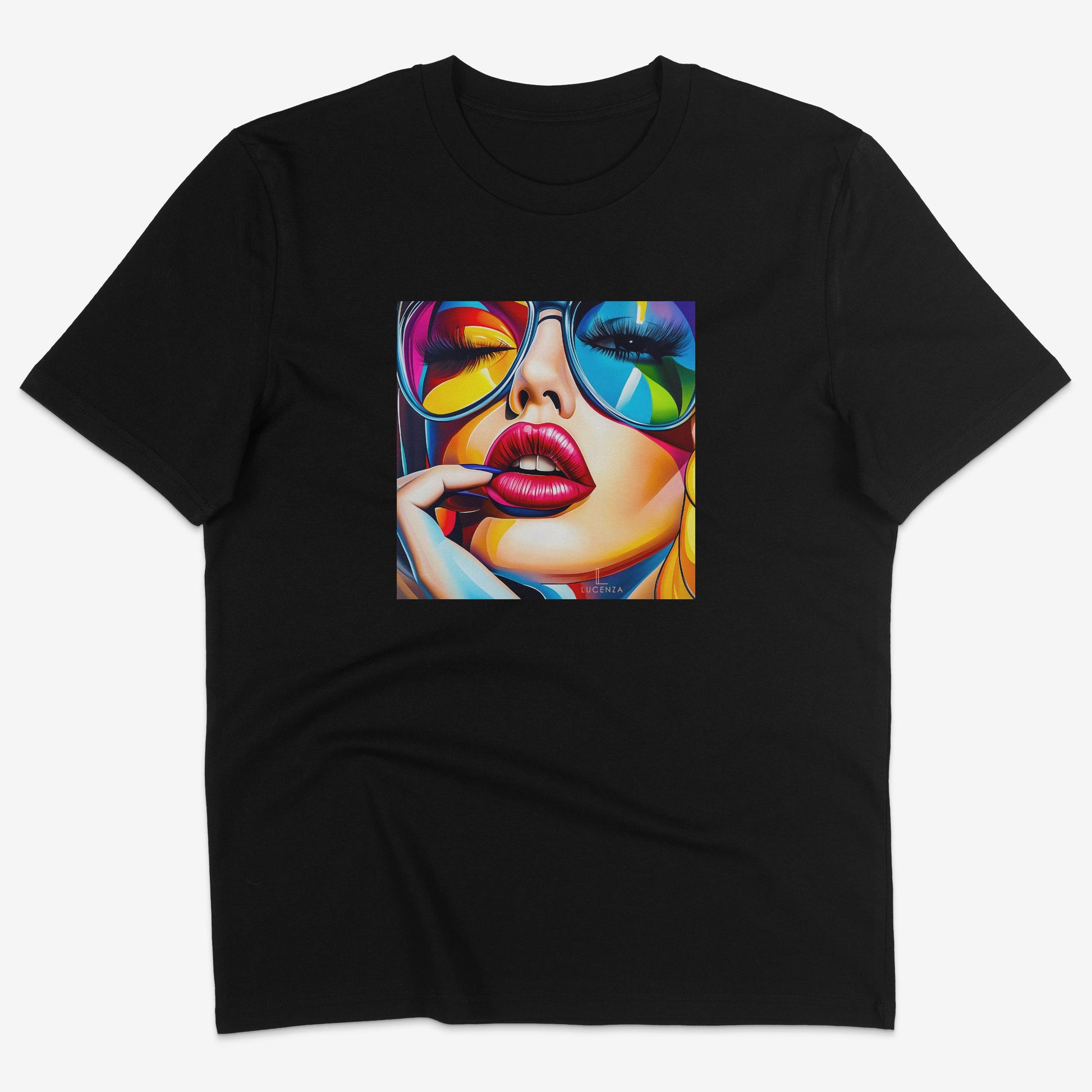 Flatlay of Lucenza Spark 4.0 t-shirt in black—bold iconic graphics