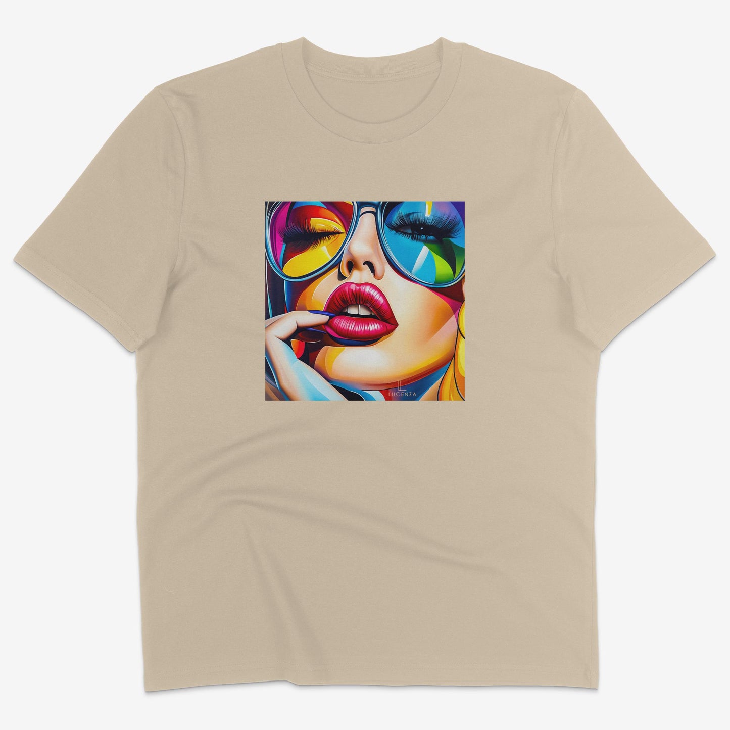 Flatlay of Lucenza Spark 4.0 t-shirt in desert—bold iconic graphic