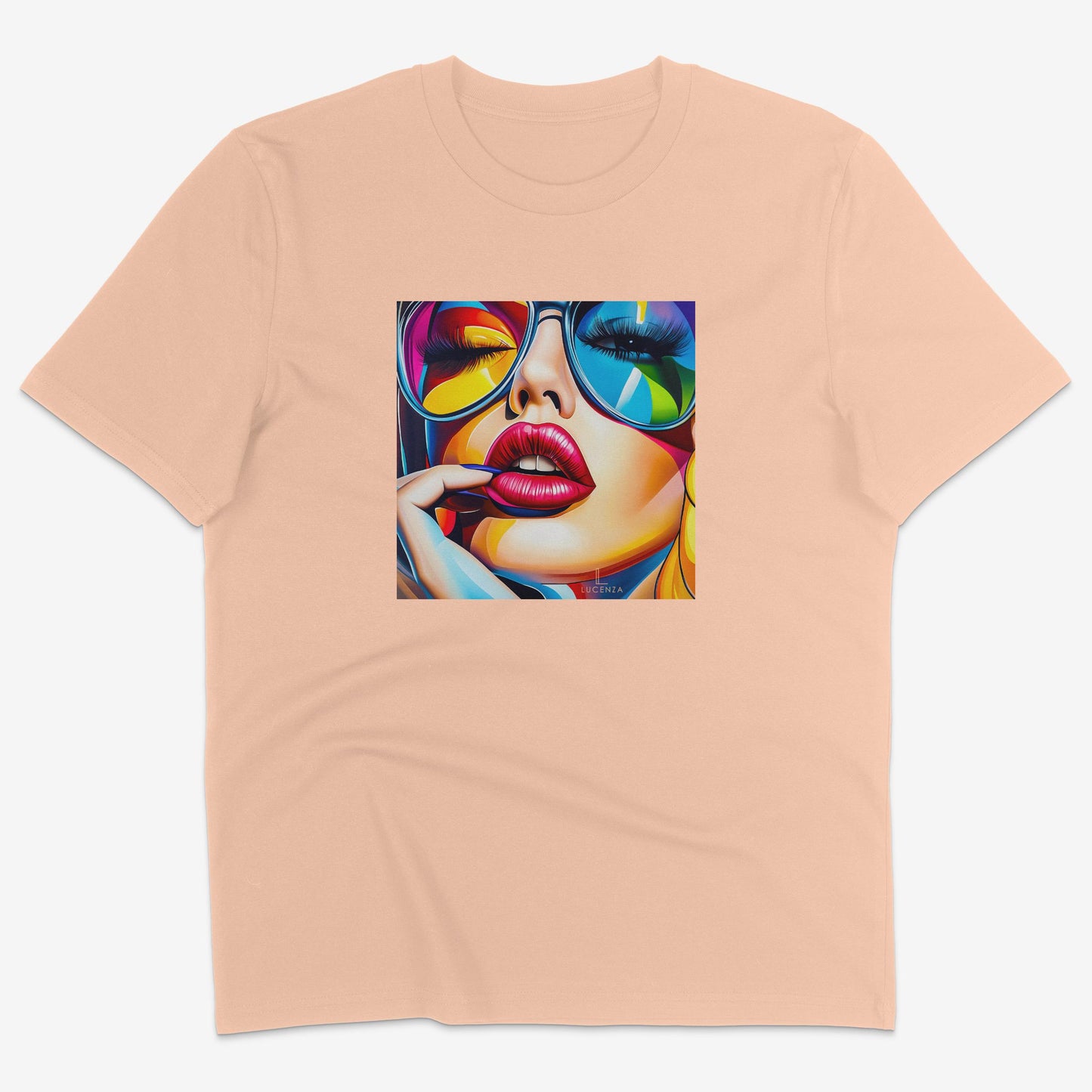 Flatlay of Lucenza Spark 4.0 t-shirt in fraiche-peche—bold iconic graphic