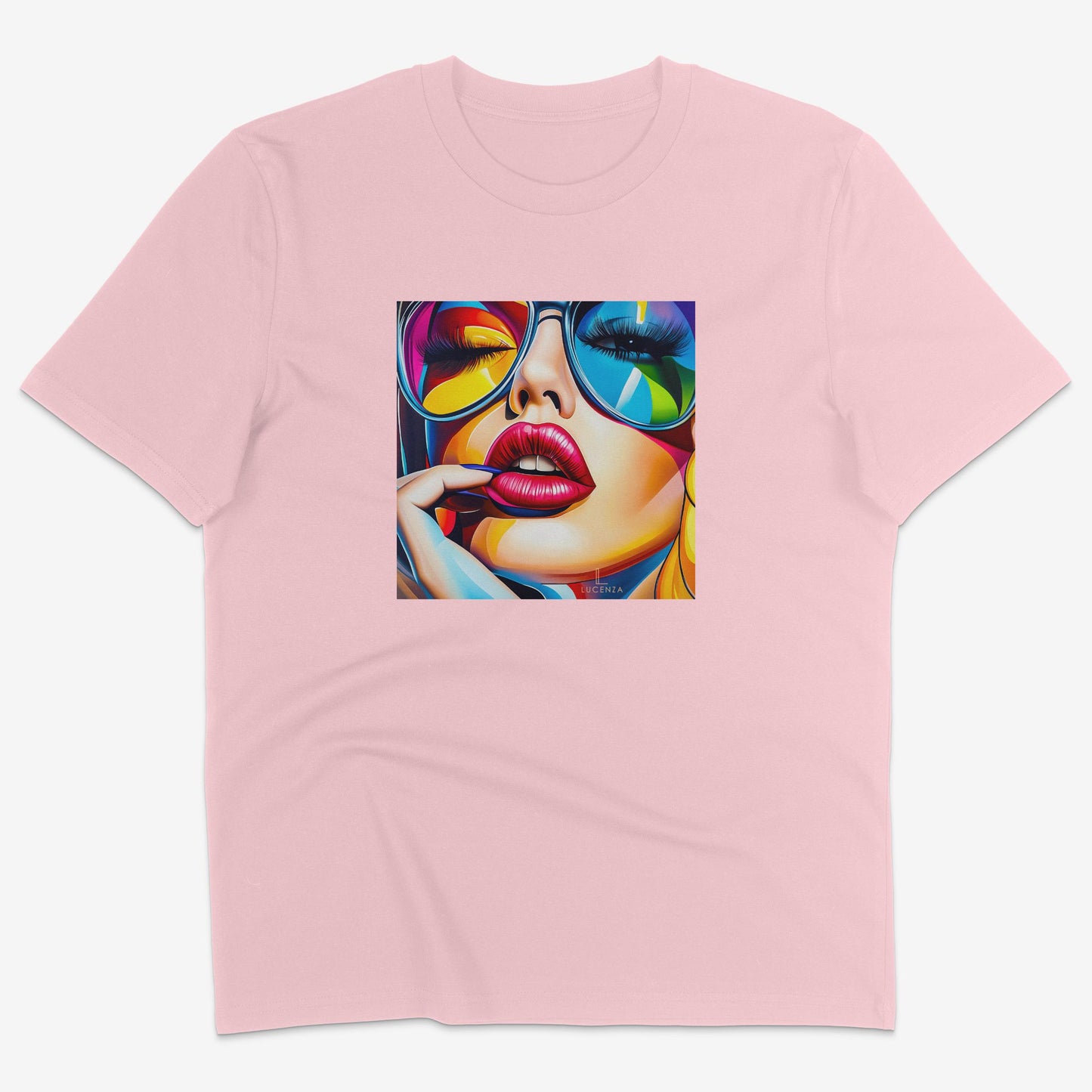 Flatlay of Lucenza Spark 4.0 t-shirt in pink—bold iconic graphic