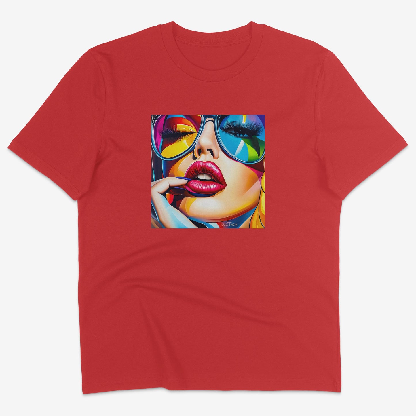 Flatlay of Lucenza Spark 4.0 t-shirt in red—bold iconic graphics