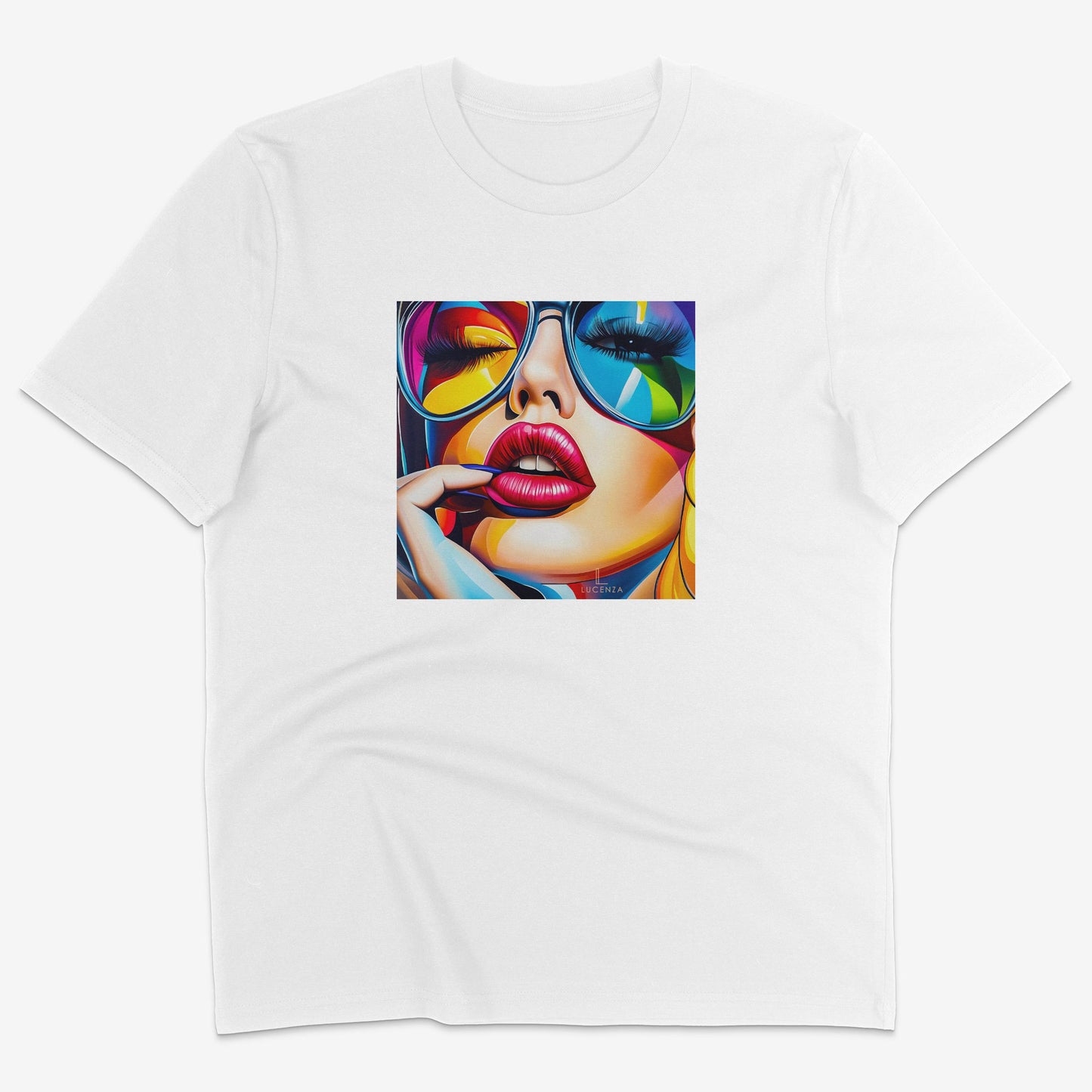 Flatlay of Lucenza Spark 4.0 t-shirt in white—bold iconic graphics