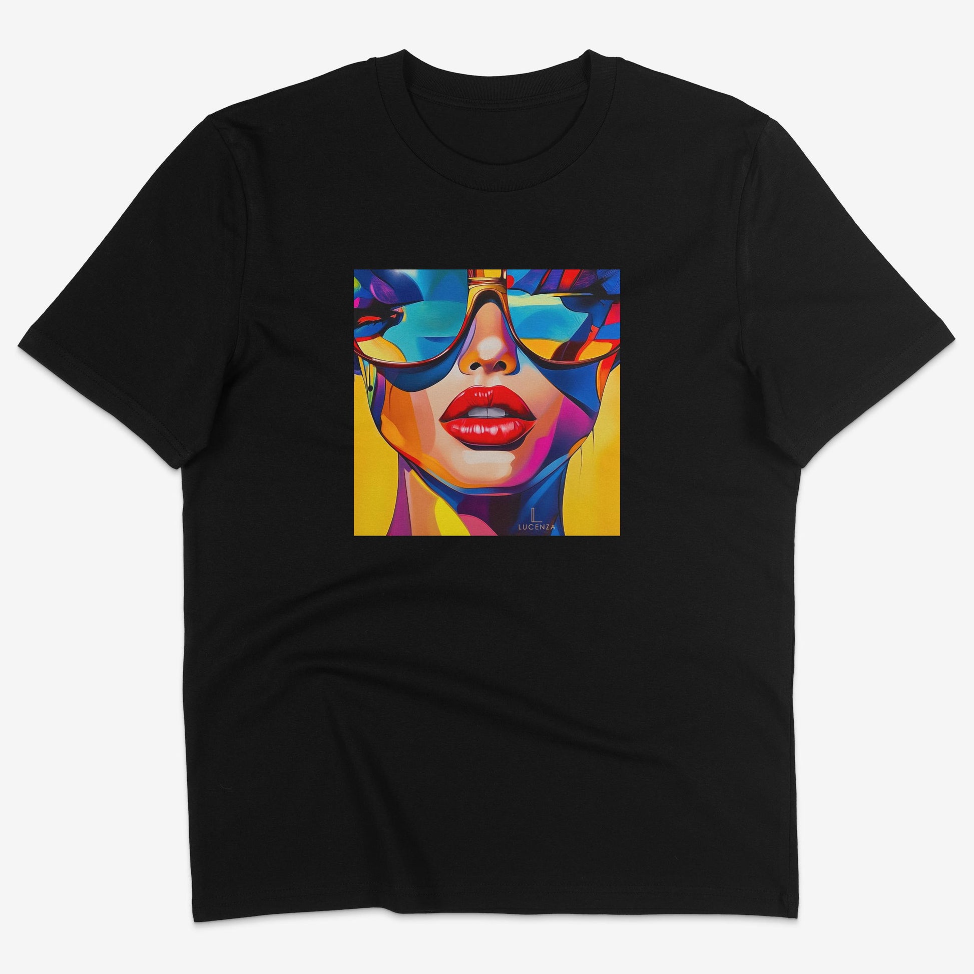 Flatlay of Lucenza Spark 5.0 t-shirt in black—bold iconic graphics