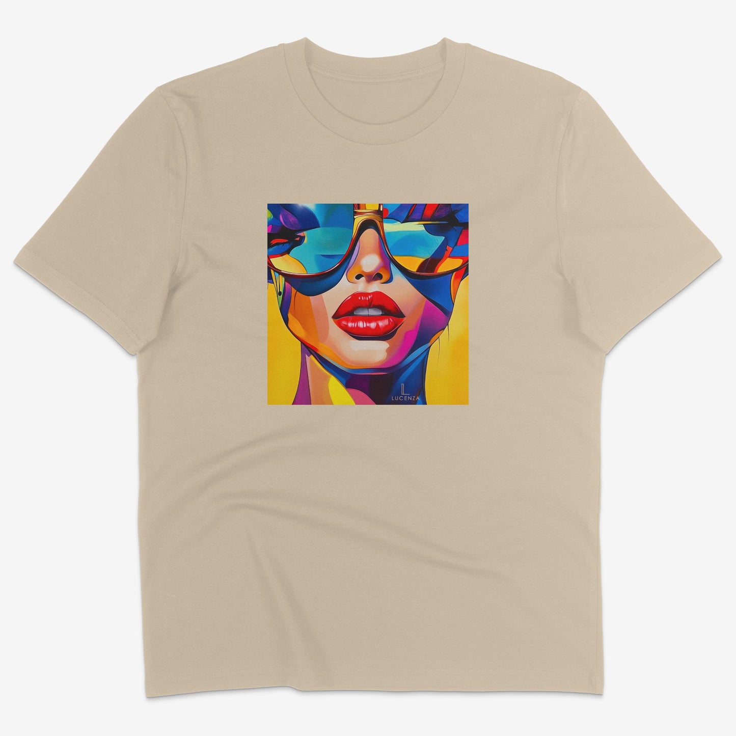 Flatlay of Lucenza Spark 5.0 t-shirt in desert—bold iconic graphics