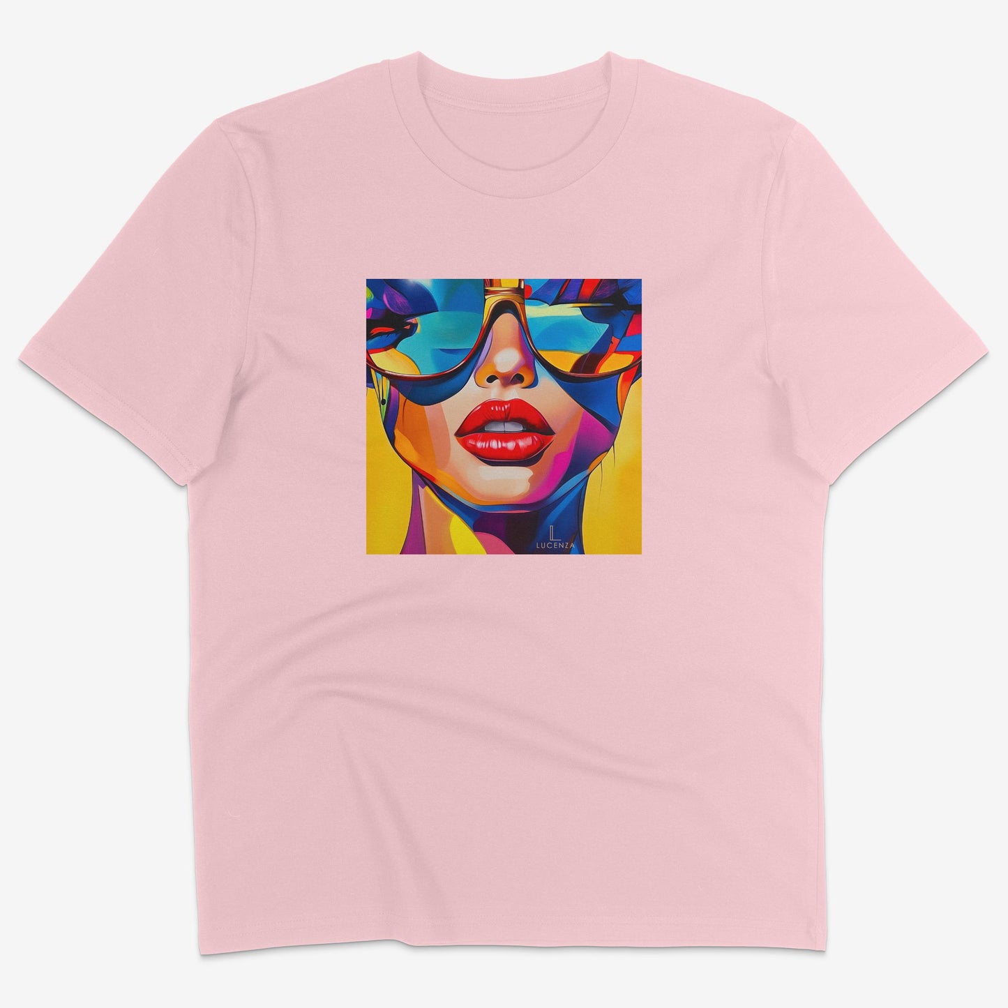 Flatlay of Lucenza Spark 5.0 t-shirt in pink—bold iconic graphics